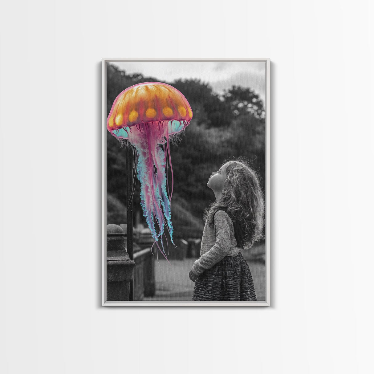 Surreal Jellyfish, Child Wonder, Fantasy Ocean Scene, Framed Canvas Print, Kids Room Wall Art, Vibrant Color Pop Art, Dreamy Decor