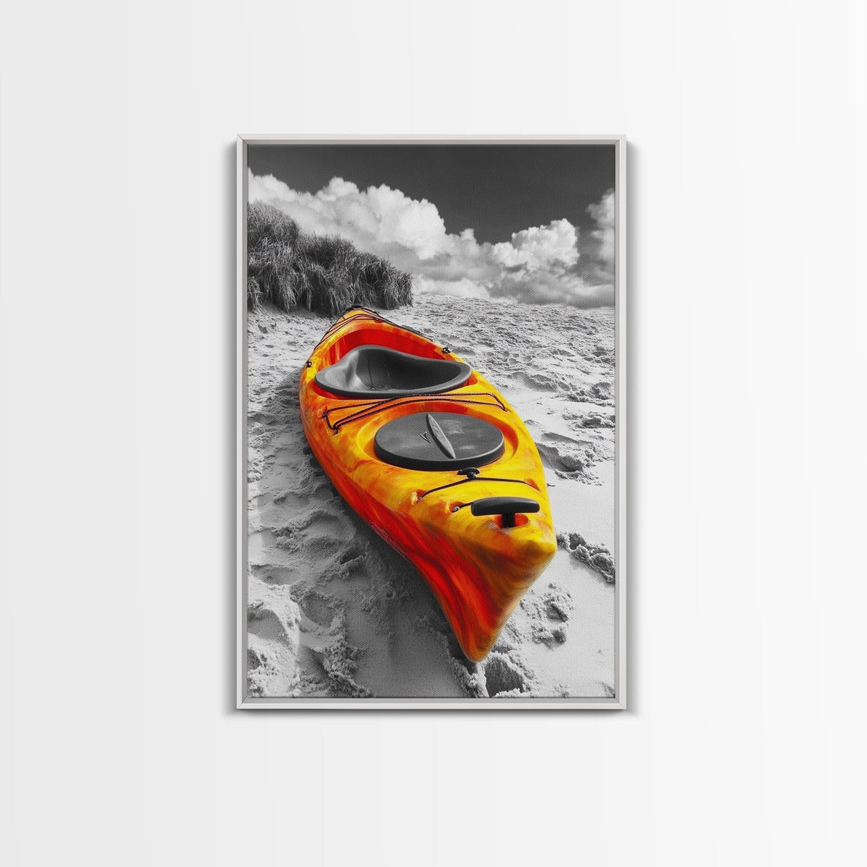 Vibrant Kayak, Sandy Beach, Summer Adventure Vibe, Canvas Print, Coastal Wall Art, Bold Color Photography, Outdoor Lover Gift