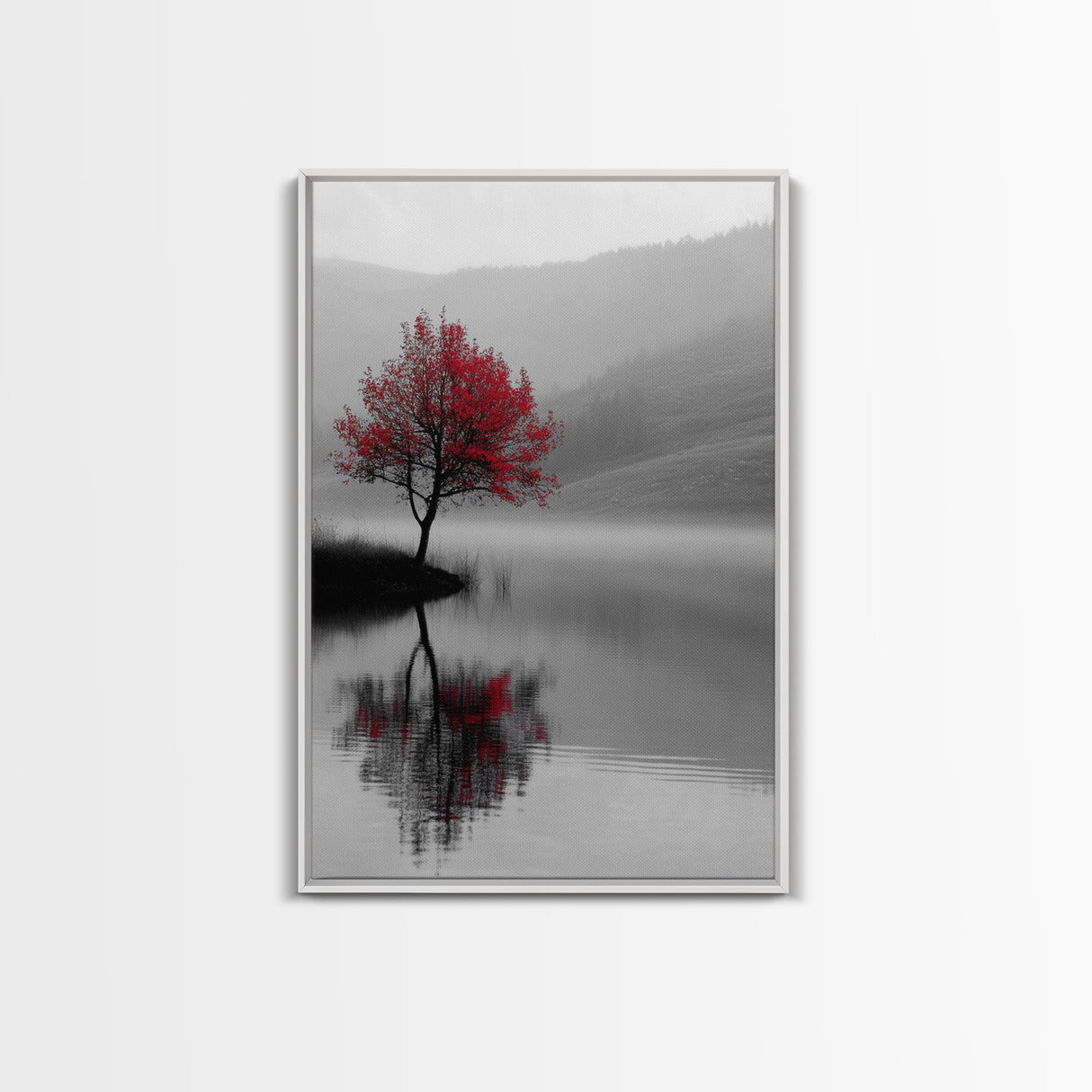 Red Tree, Foggy Lake, Peaceful Landscape Scene, Framed Canvas Print, Autumn Nature Wall Art, Minimalist Fall Decor, Moody Aesthetic