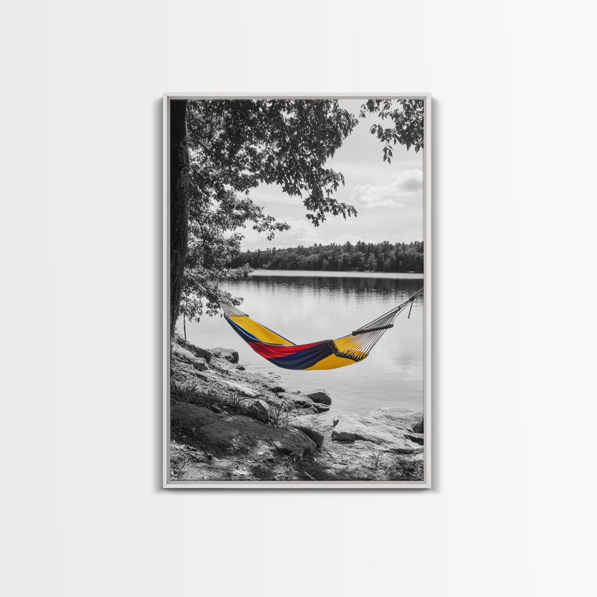 Hammock Lake Scene, Peaceful Nature Art, Fall Outdoors, Relaxed Escape, Framed Canvas Print, boho decor, bedroom art, cozy wall print
