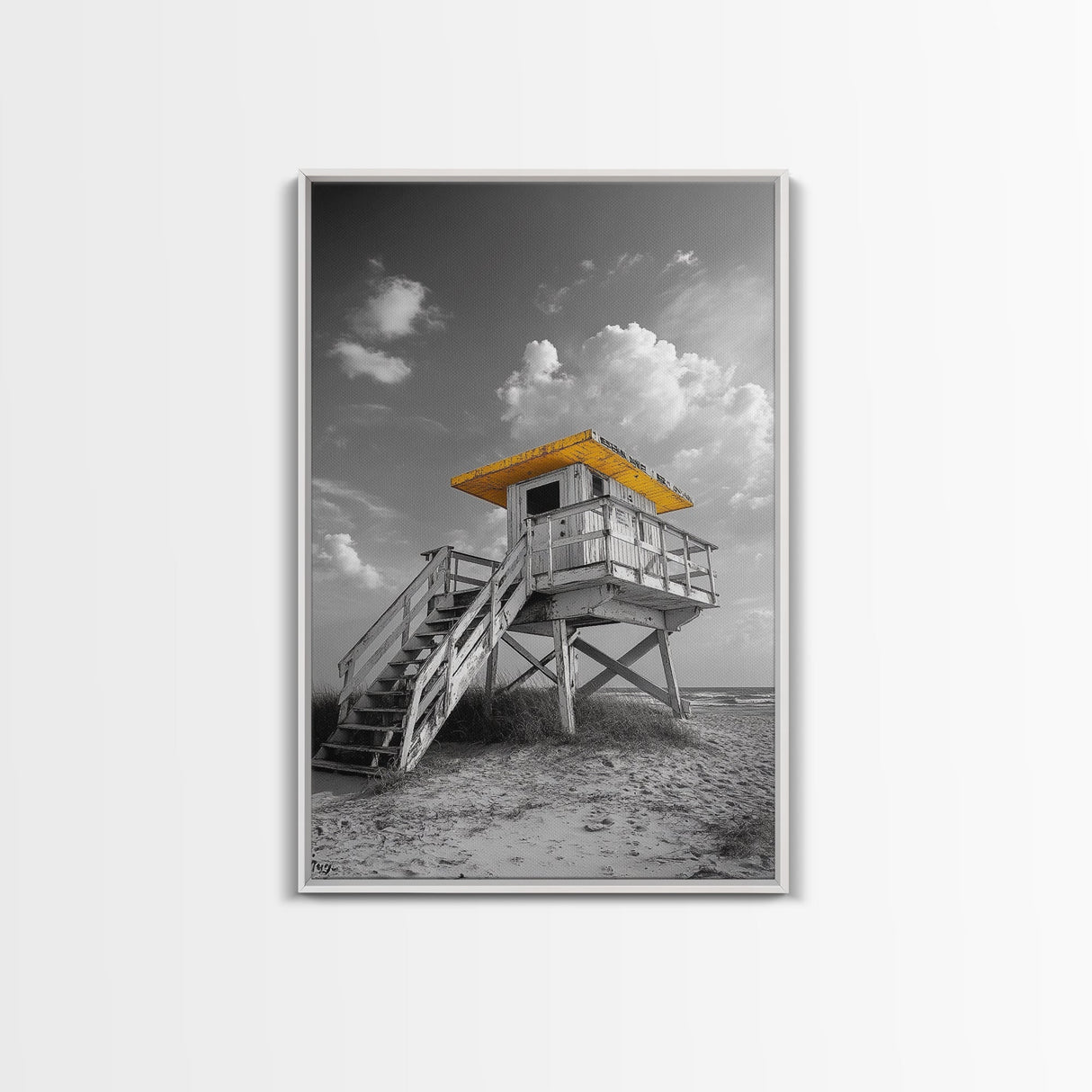 Lifeguard Tower Yellow, Beach Escape, Summer Vibe Art, Ocean Watch Post, Framed Canvas Print, coastal home decor, beach house wall art
