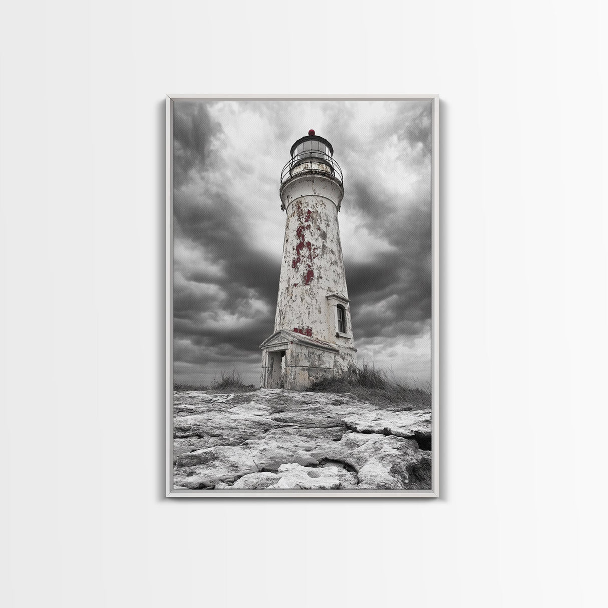 Rustic Lighthouse Shore, Weathered Tower Art, Stormy Coast Scene, Moody Seaside, Framed Canvas Print, nautical bathroom or den wall decor