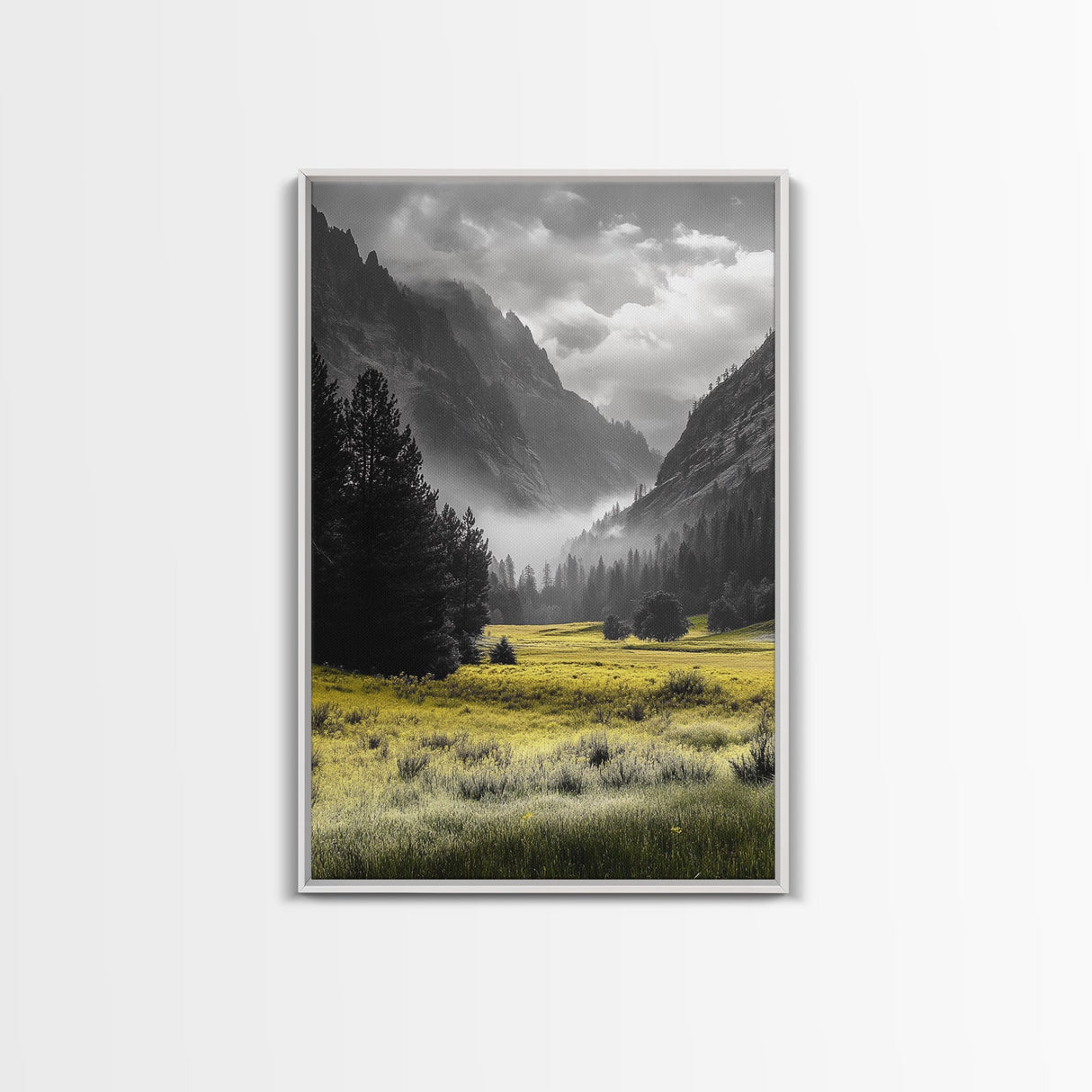 Yellow Meadow Valley, Foggy Mountain Scene, Serene Landscape Photography, Framed Canvas Print, Nature Lover Living Room Wall Art