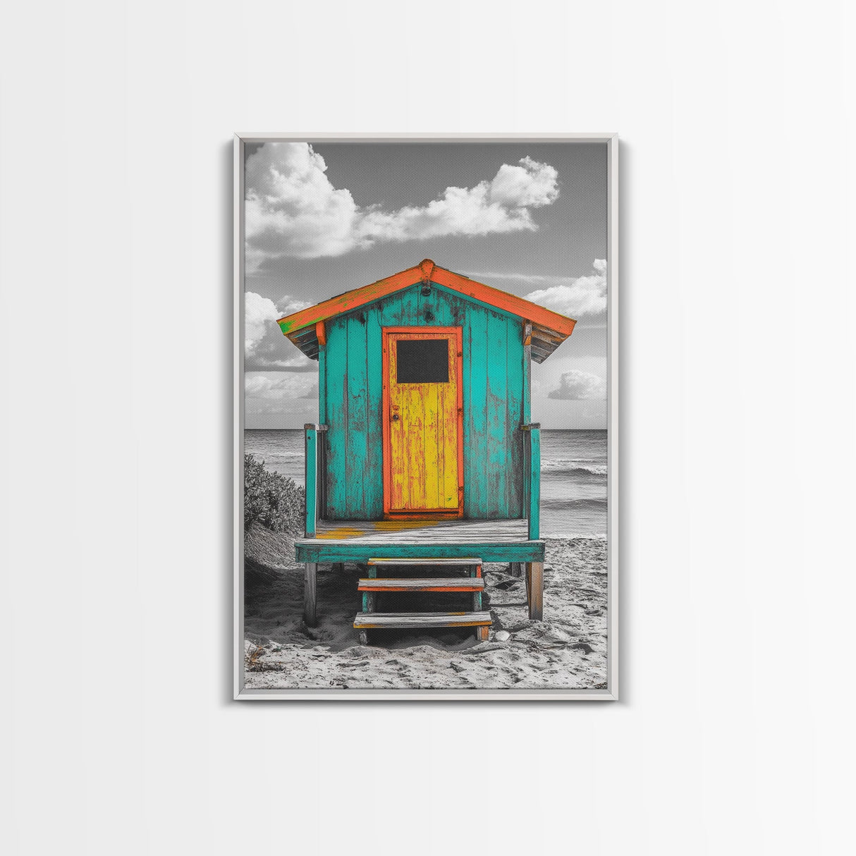 Colorful Beach Hut, Surf Shack, Coastal Cabin, Framed Canvas Print, Tropical Wall Art, Living Room Decor, Bright Summer Home Style