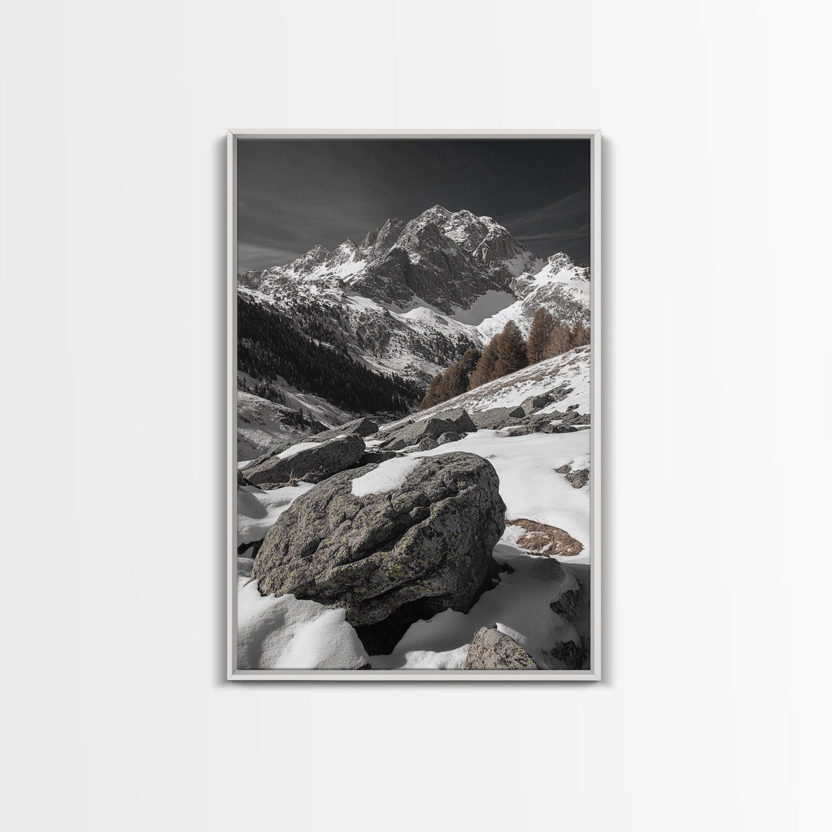 Snowy Alpine Scene, Winter Mountainscape, Nature Photography, Framed Canvas Print, Lodge Wall Art, Cabin Decor, Black and White Art