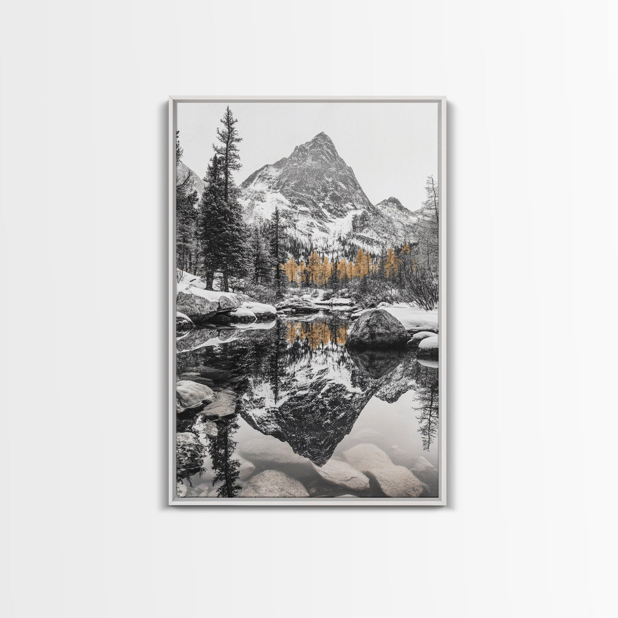 Snow Reflection Forest, Autumn Trees, Serene Mountain River, Framed Canvas Print, Bedroom Wall Art, Peaceful Cabin Scene, Fall Art