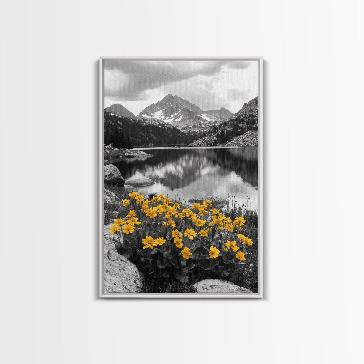 Yellow Wildflowers Lake, Alpine Meadow, Monochrome Landscape, Canvas Print, Kitchen Wall Art, Spring Nature Photography Decor