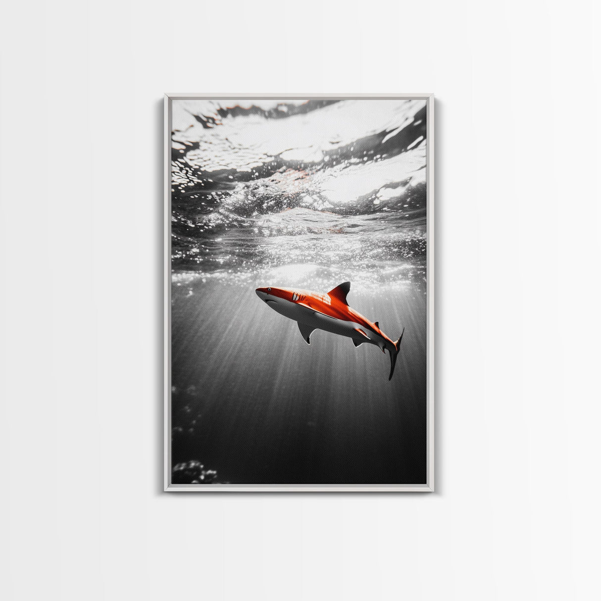 Red Shark, Underwater Scene, Ocean Light Rays, Color Contrast, Canvas Print, Modern Marine Art, Bathroom Wall Art, Nautical Style