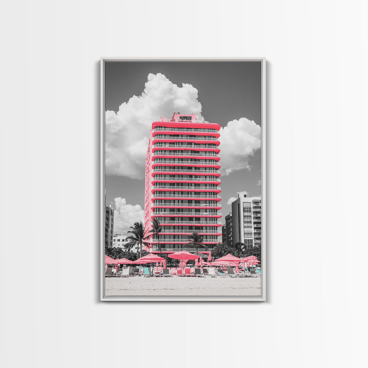 Pink Hotel, Miami Vibes, Summer Retro, Beach Scene, Canvas Print, Pop Art Aesthetic, Living Room Wall Art, Vacation Style