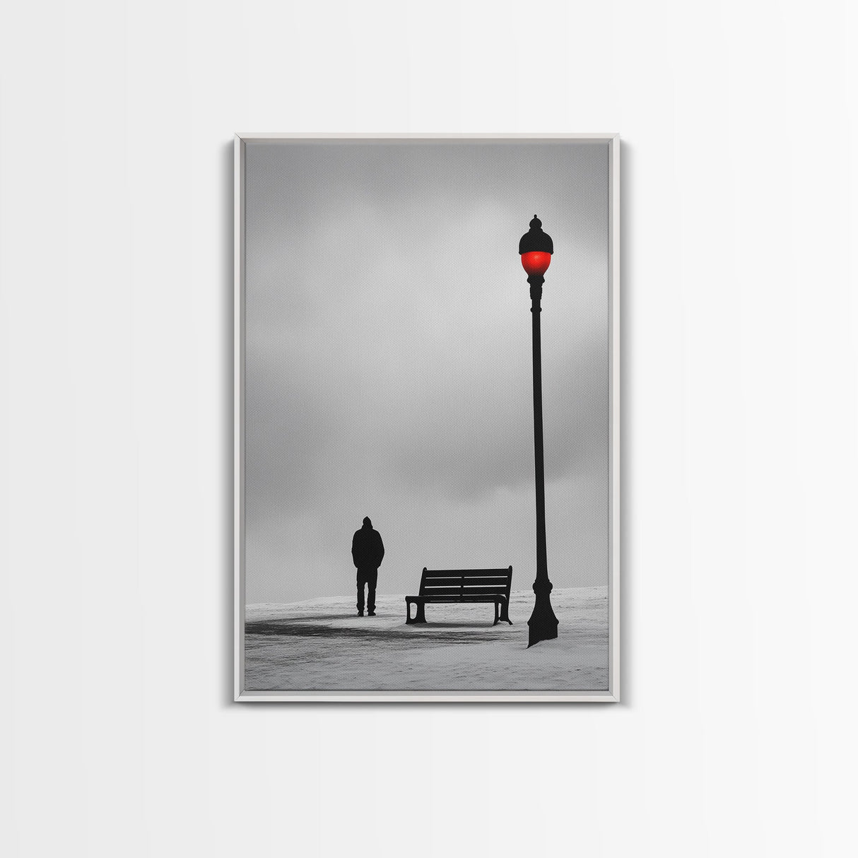 Red Street Lamp, Snowy Walkway, Silhouette Scene, Framed Canvas Print, Moody Wall Art, Minimalist Decor, Winter Vibes, Bedroom Accent