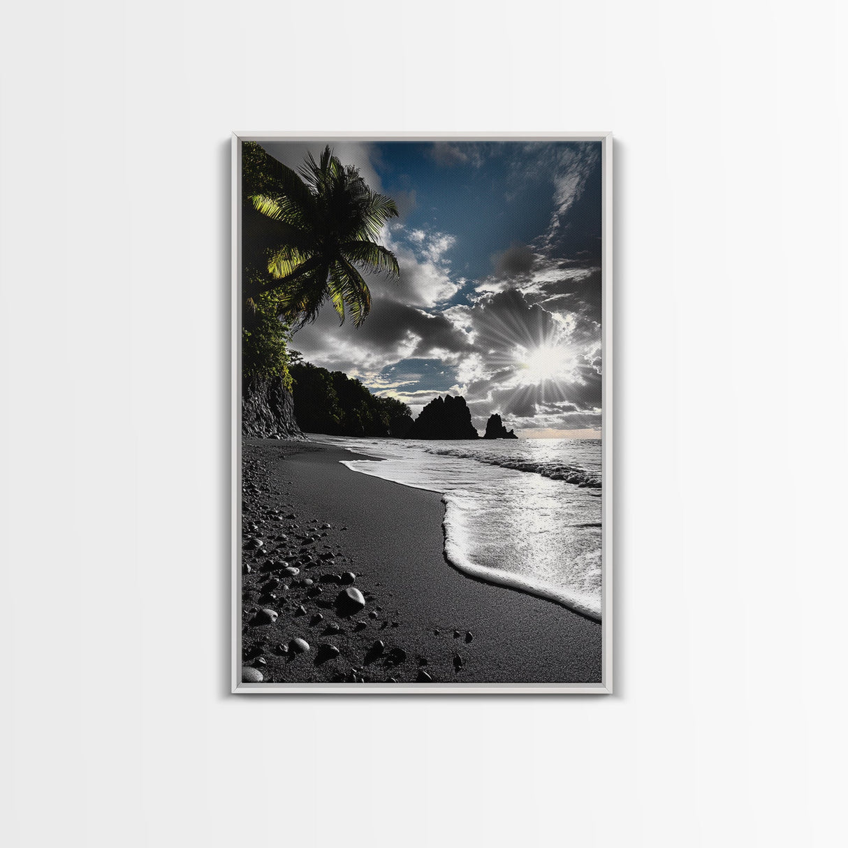 Sunset Beach, Rocky Coast, Dramatic Sky, Bold Light, Framed Canvas Print tropical sunset wall art, beach photography, bathroom decor