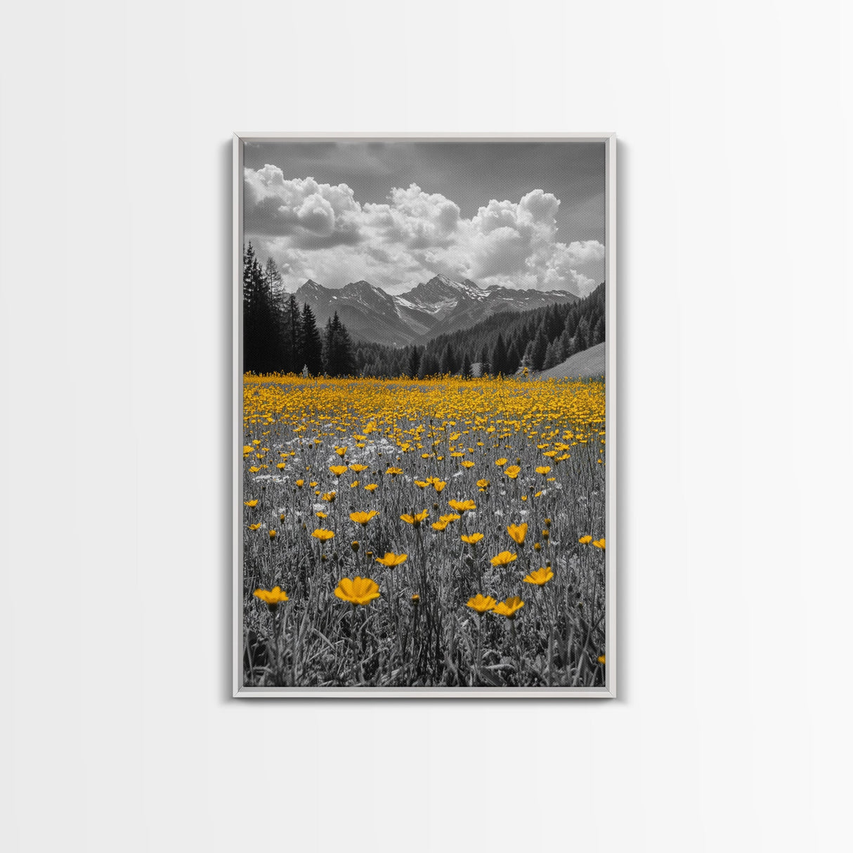 Yellow Wildflowers, Mountain Field, Blooming Meadow, Framed Canvas Print, Nature Photography, Rustic Decor, Dining Room Wall Art