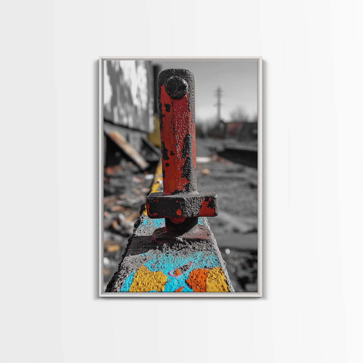 Red Peg, Graffiti Steel, Urban Rust Texture, Canvas Print, Industrial Wall Art, Modern Loft Decor, Urban Decay Photography