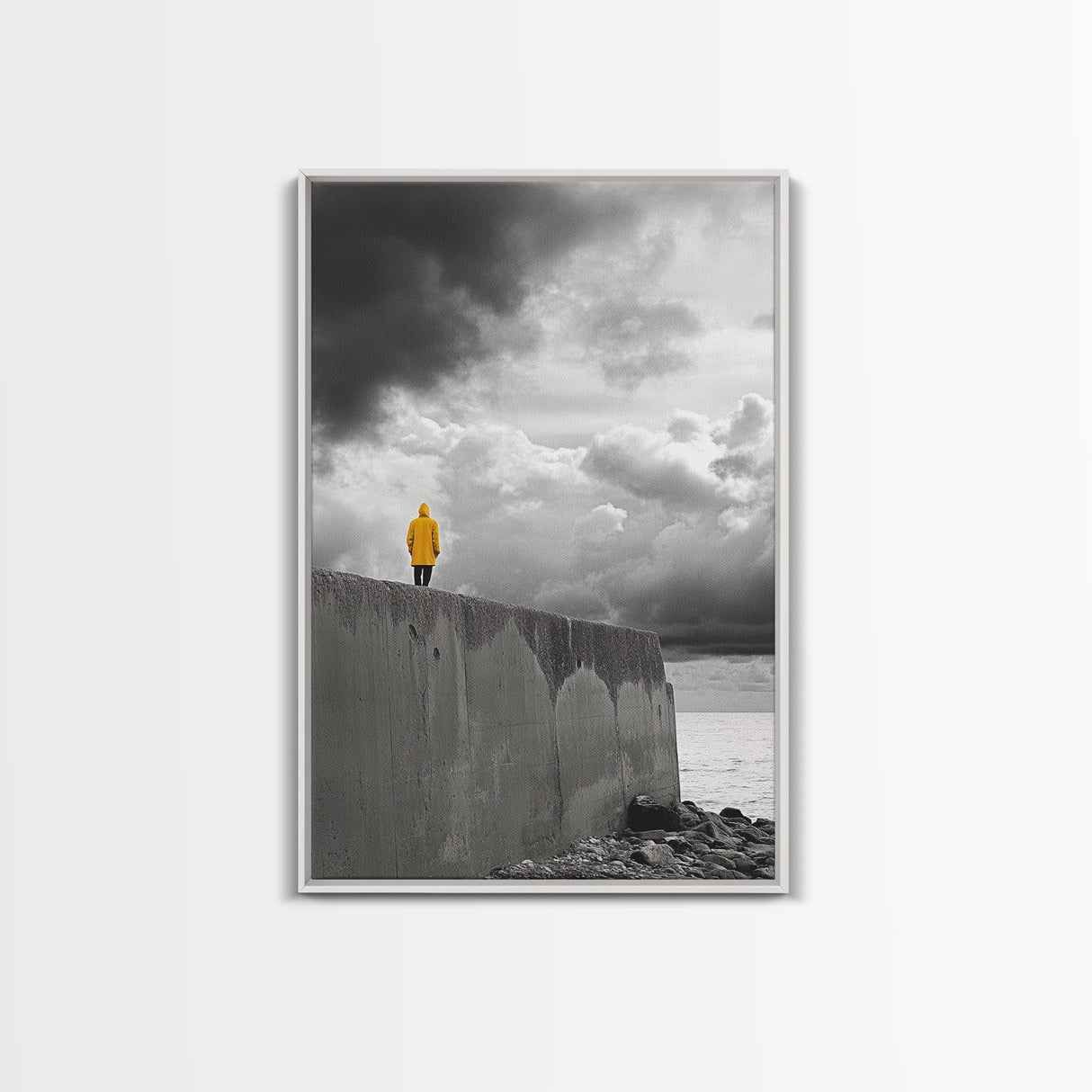 Yellow Raincoat, Ocean Storm, Moody Skies, Framed Canvas Print, Minimalist Wall Art, Coastal Entryway Decor, Contemplative Scene