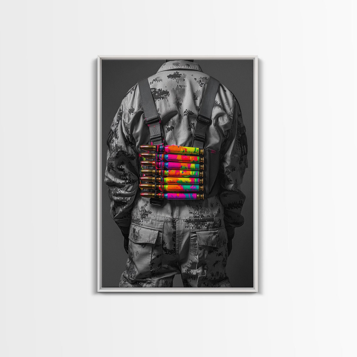 Colorful Ammo Art, Bold Bullets, Neon War, Framed Canvas Print, Urban Wall Art, Edgy Decor, Man Cave Accent, Pop Art Style
