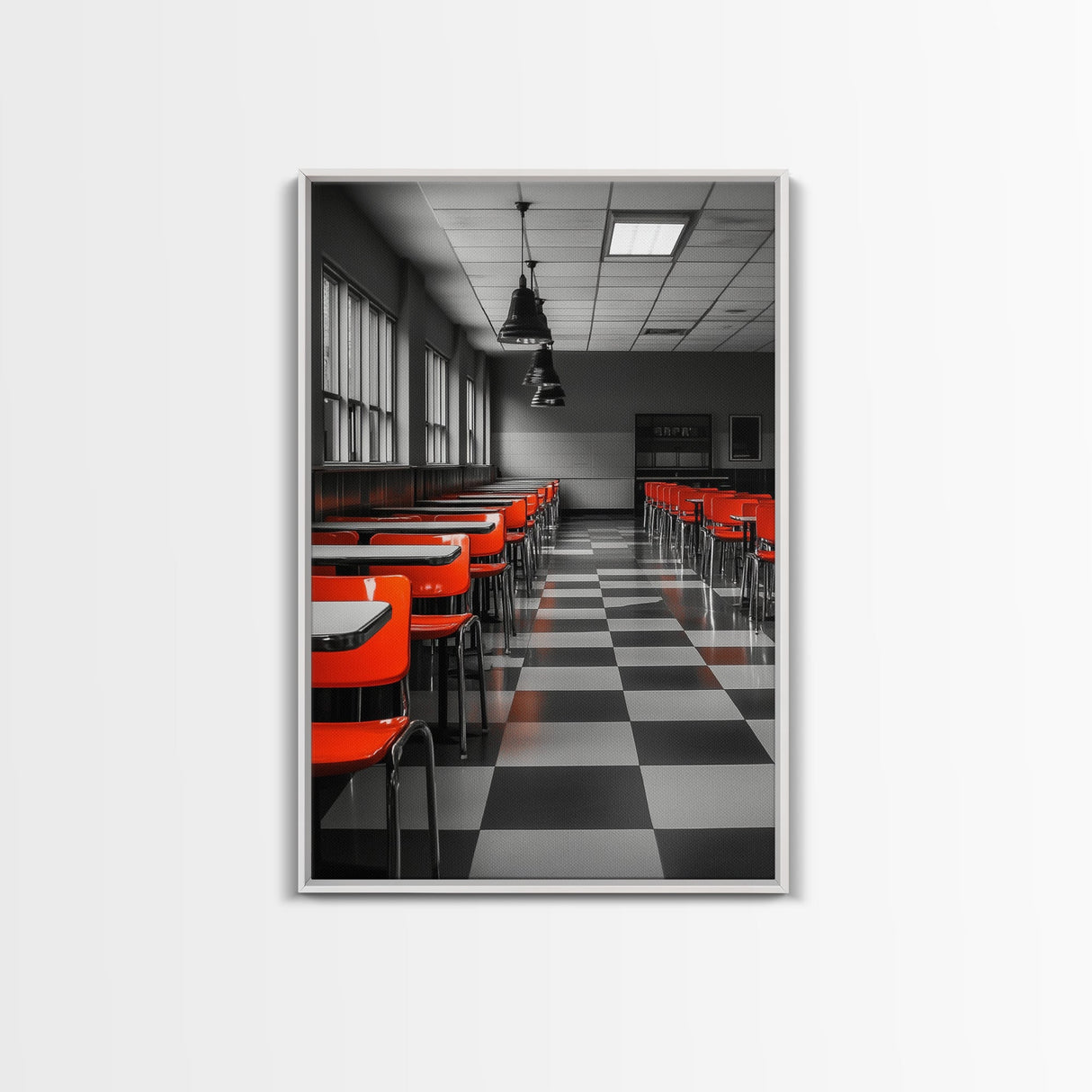 Retro Cafeteria, Red Chairs, Midcentury Modern Art, Canvas Print, Black and White Pop Art, Kitchen Wall Decor, Industrial Style
