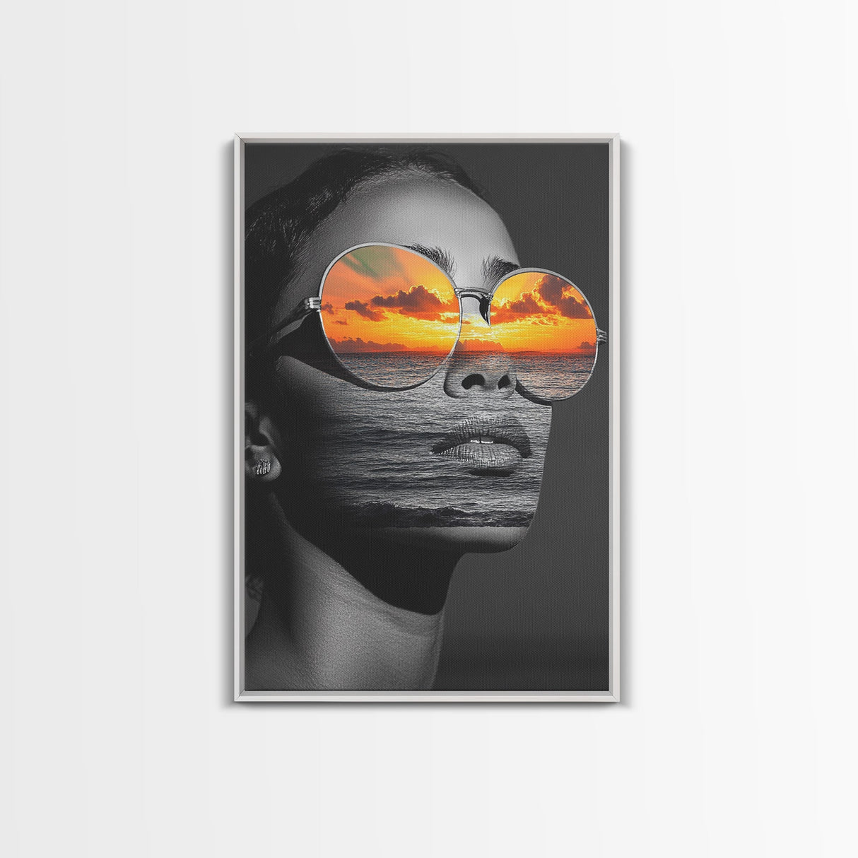 Surreal Sunset Face, Ocean Reflection, Fashion Photography, Abstract Beauty, Framed Canvas Print, Bedroom Wall Art, Modern Pop Art