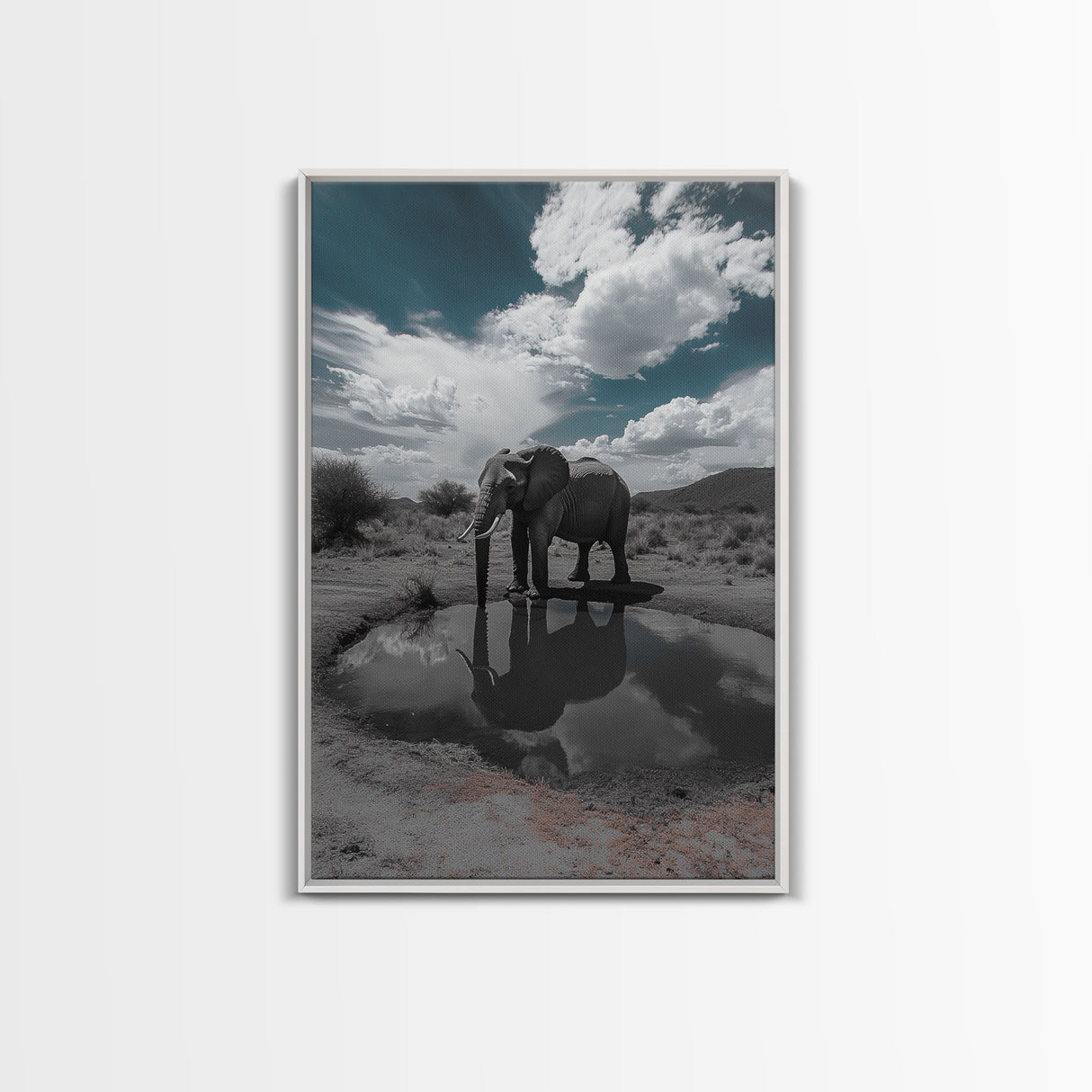 Elephant Reflection, Watering Hole, Savannah Sky, Framed Canvas Print, Wildlife Wall Art, Safari Style Decor, Nature Photography