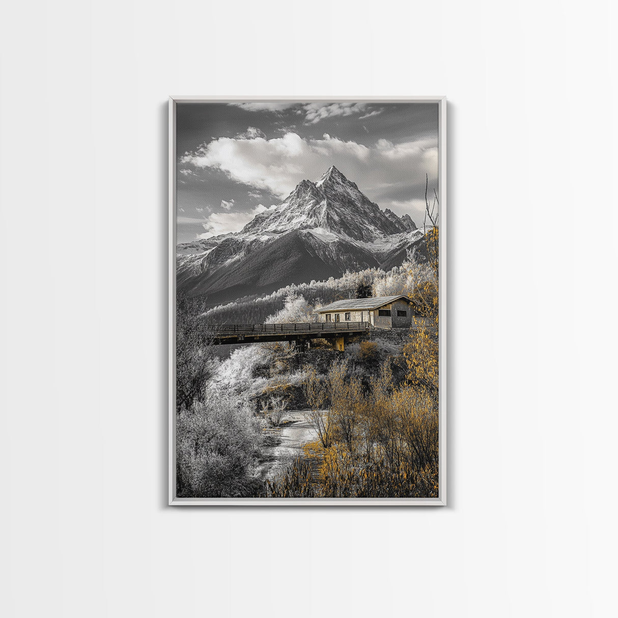 Mountain Escape, Cabin Retreat, Black White Landscape, Framed Canvas Print, Rustic Cabin Art, Bedroom Wall Decor, Nature Lodge Decor