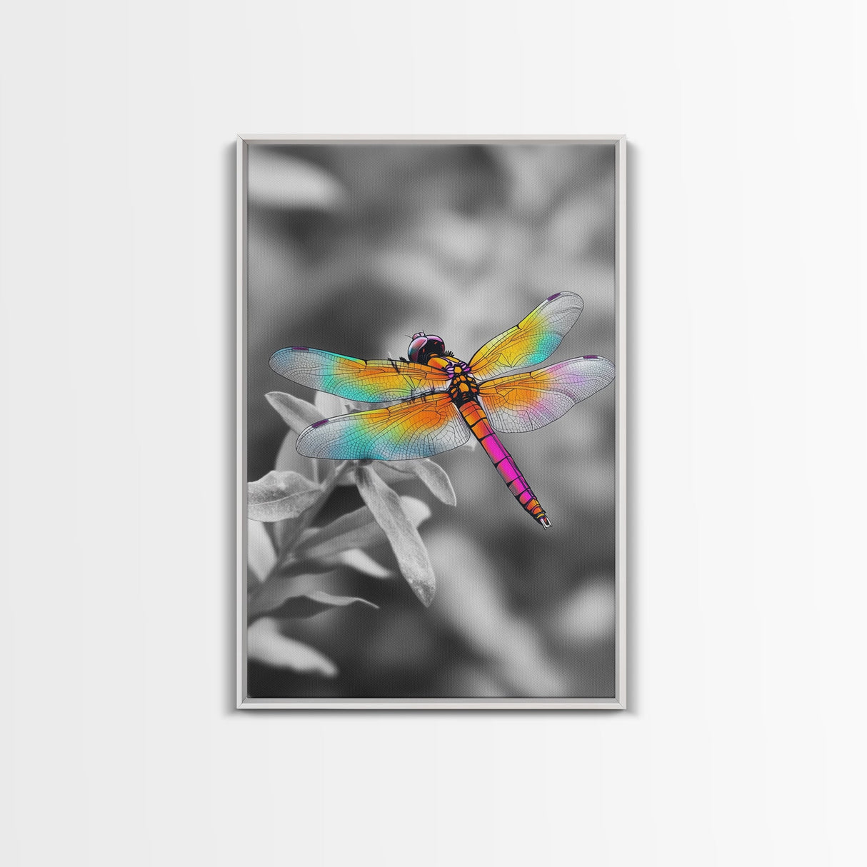 Rainbow Dragonfly, Vibrant Bug, Botanical Contrast, Framed Canvas Print, Nature Inspired Art, Bedroom Wall Decor, Whimsical Garden Accent