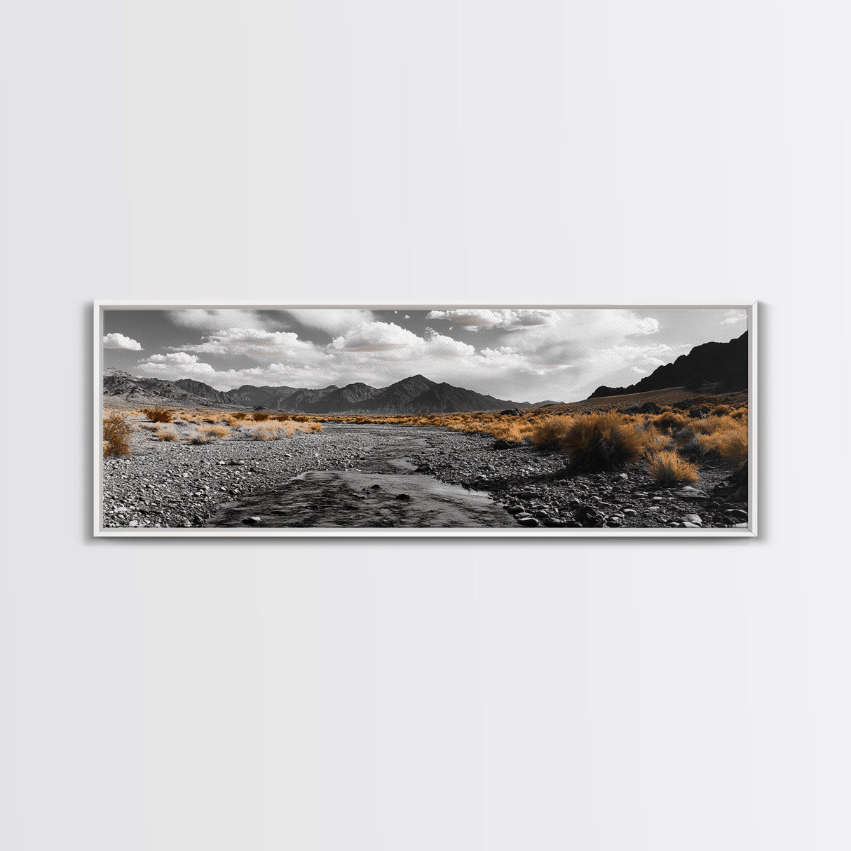 Desert Creek, Rugged Mountains, Golden Shrubs, Nature Path — Framed Canvas Print, Autumn Wall Decor, Rustic Office Art, Landscape Canvas