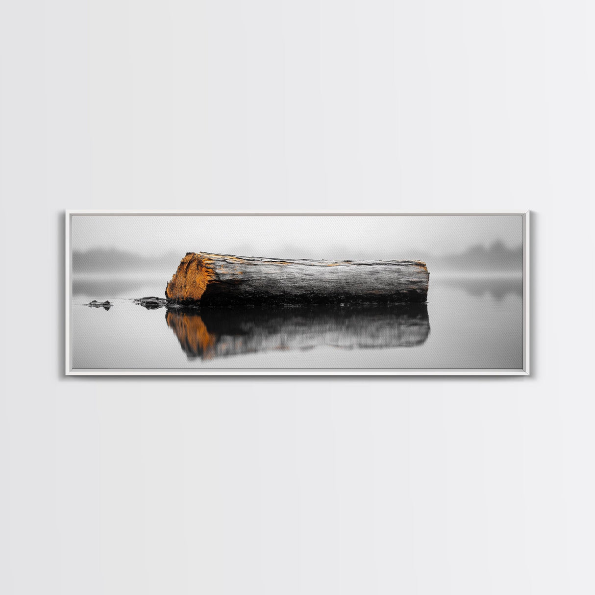 Weathered Log Reflection, Calm Lake Scene, Canvas Print, Minimalist Nature Photography, Zen Bathroom Wall Art, Serene Rustic Decor