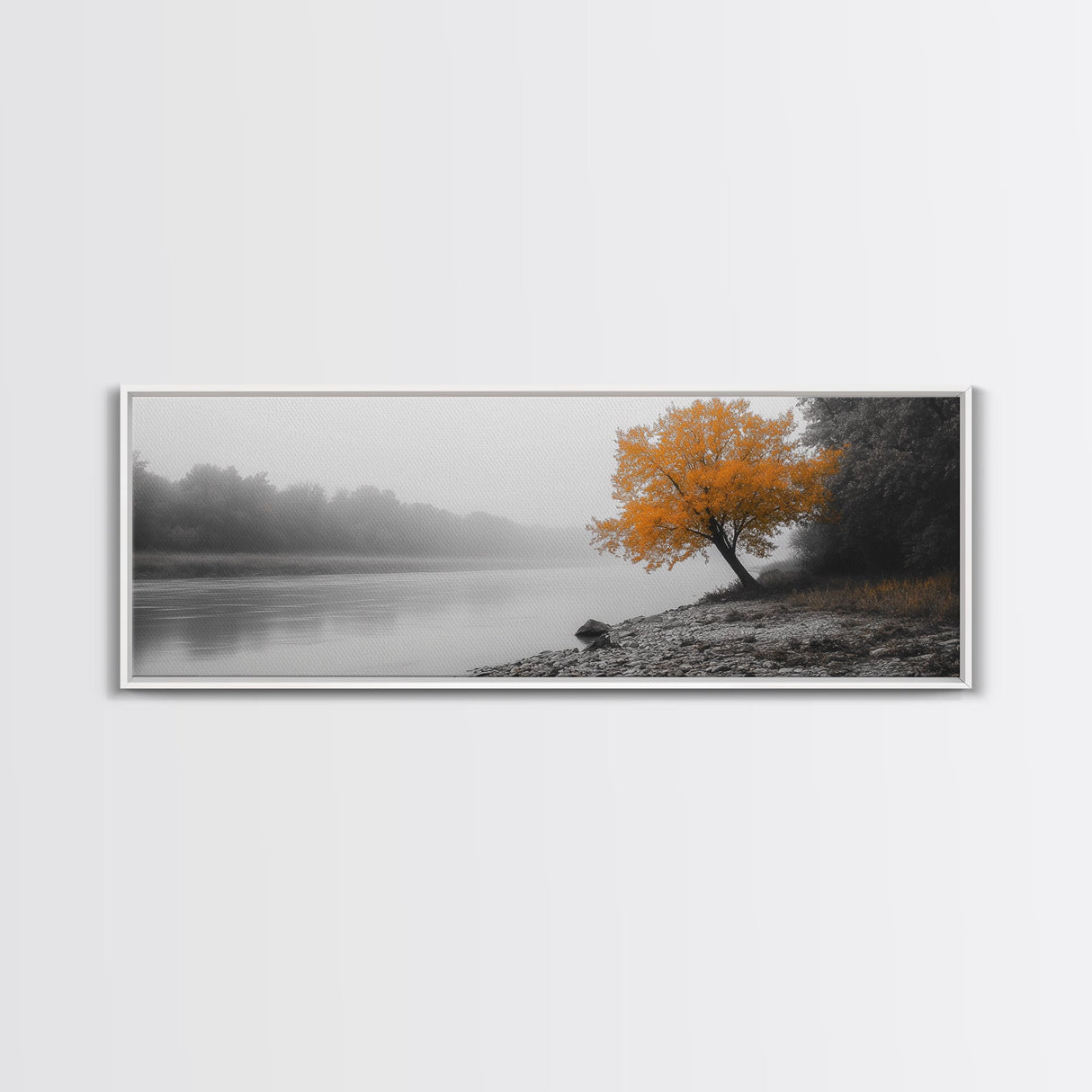 Foggy Riverbank Tree, Orange Fall Tree, Framed Canvas Print, Autumn Nature Scene, Moody Landscape Wall Art, Rustic Bedroom Decor