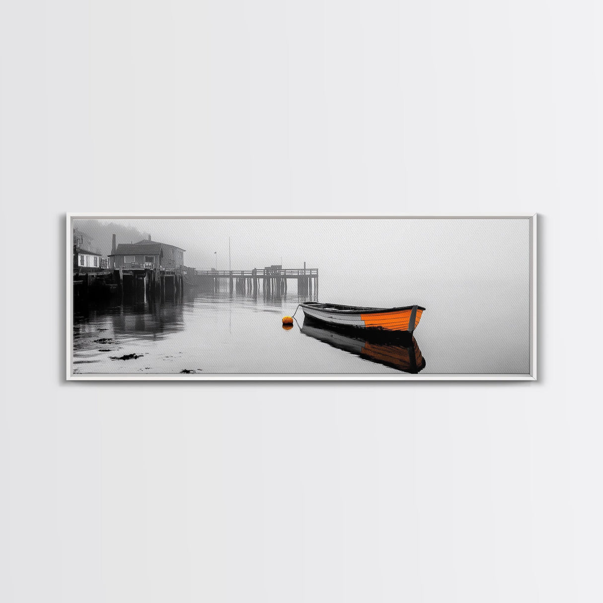 Harbor Rowboat Reflection, Foggy Dock Scene, Framed Canvas Print, Coastal Minimalist Wall Art, Seaside Entryway Decor, Moody Ocean Art