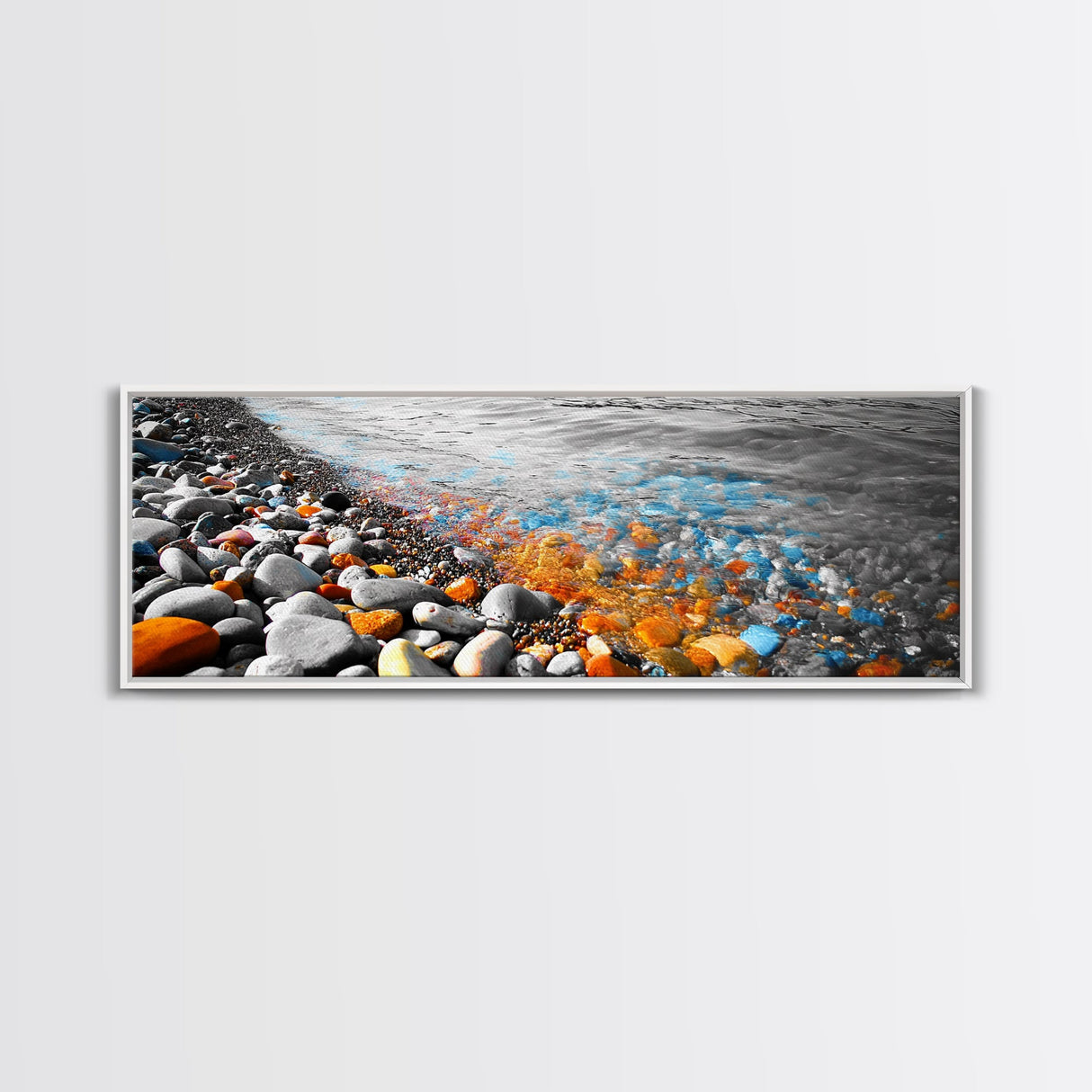 Colorful Pebble Shore, Vibrant Lake Stones, Blue Orange Rocks, Framed Canvas Print, Boho Coastal Style, Bathroom Wall Art