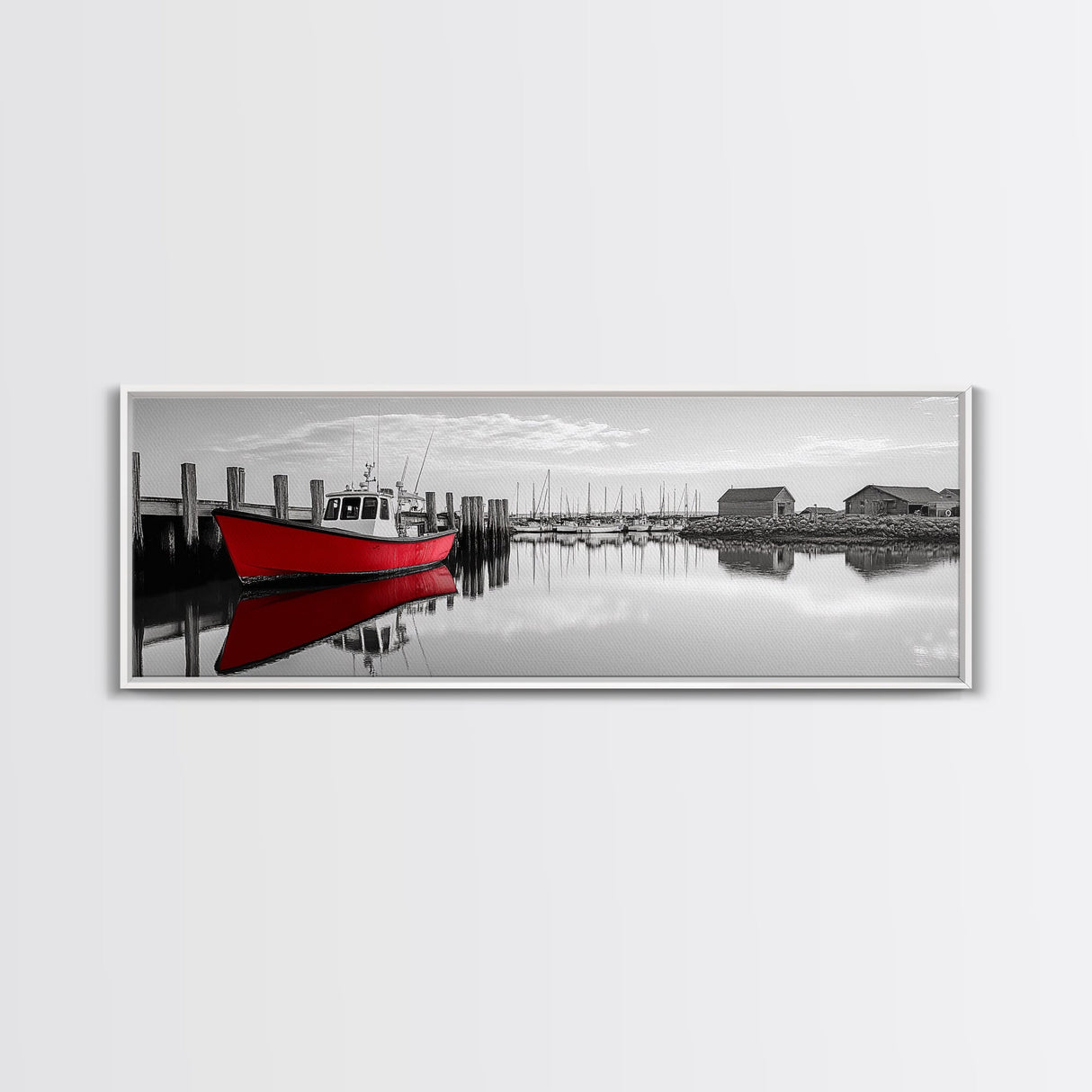 Red Fishing Boat, Harbor Reflection Scene, Calm Dockside Water, Framed Canvas Print, Nautical Art, Living Room Wall Decor
