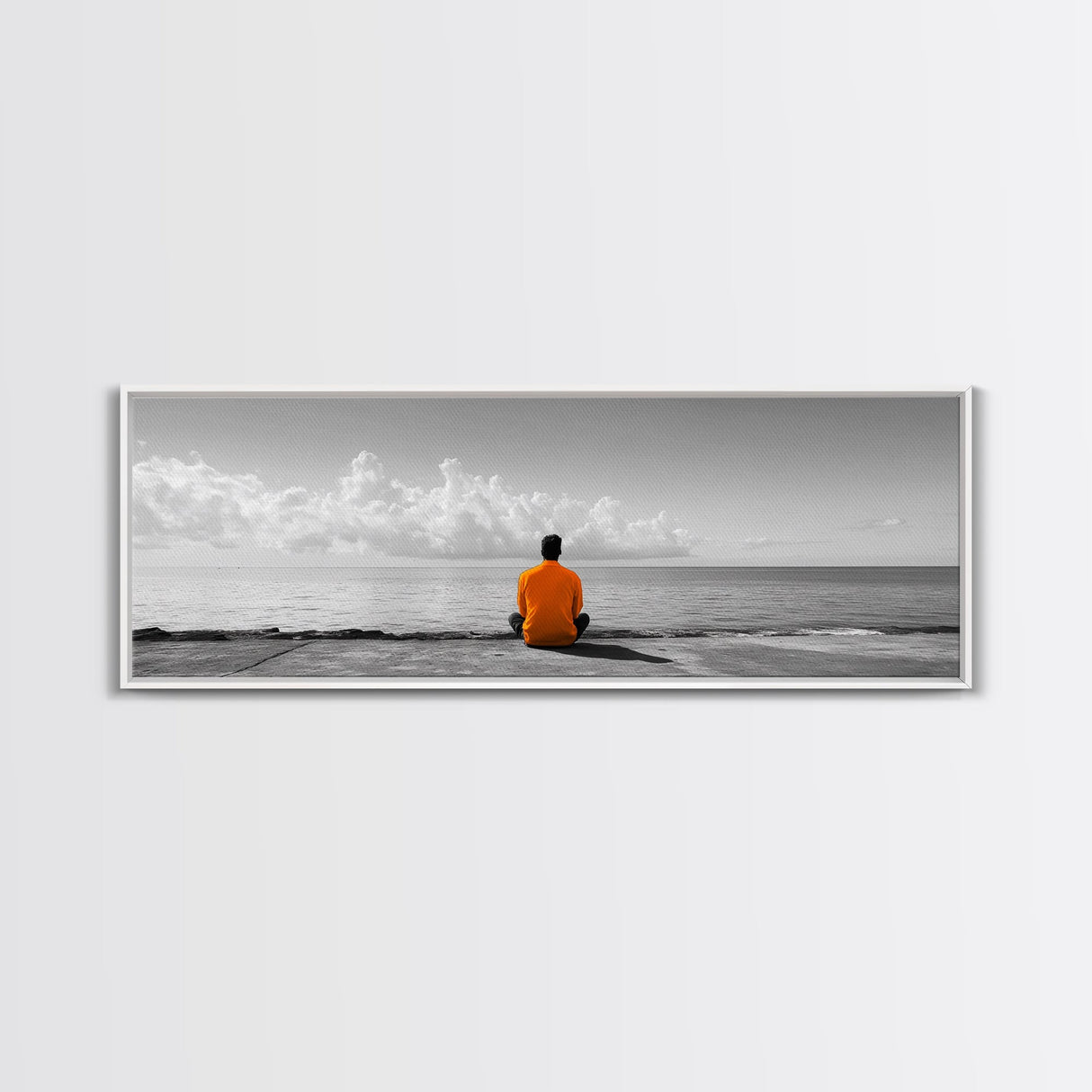 Orange Jacket, Solitude Man, Sea Gaze, Minimal Mood, Framed Canvas Print, Office Wall Art, Modern Decor, Reflective Photography