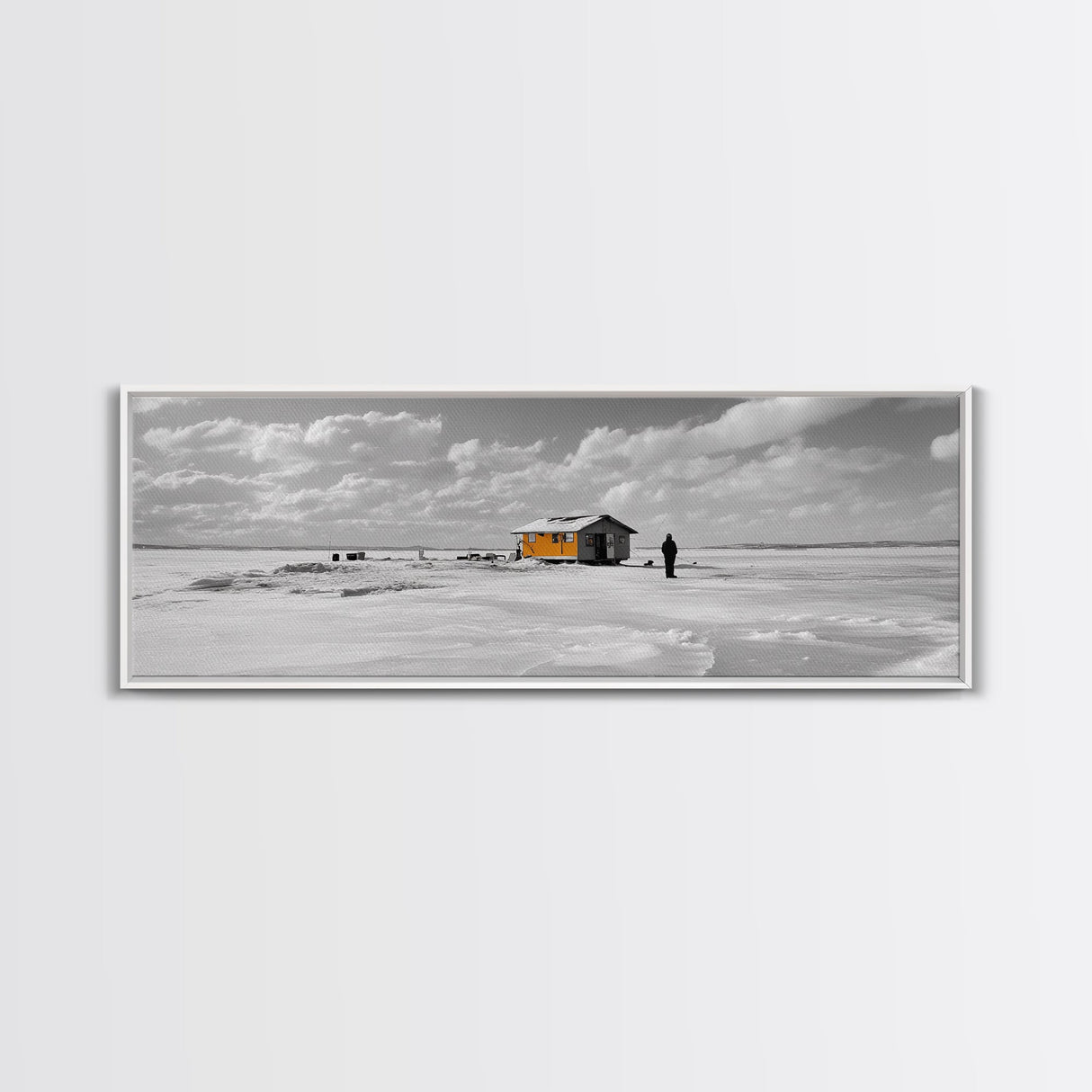 Winter Fishing, Ice House, Snowy Sky, Arctic Chill, Framed Canvas Print, Cabin Wall Art, Minimalist Winter Decor, Monochrome Scene