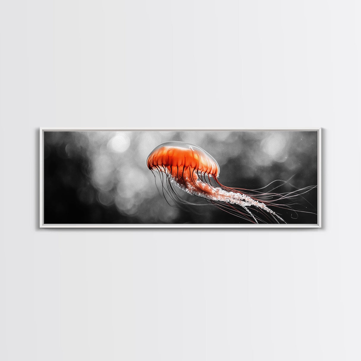 Jellyfish Glow, Ocean Depths, Abstract Sea Life, Framed Canvas Print, marine animal art, coastal bathroom decor, modern underwater wall art