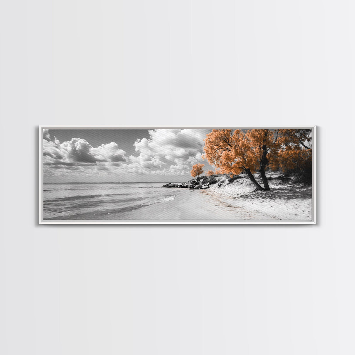 Sandy Beach Trees, Golden Autumn Coastline, Cloudy Sky Horizon, Canvas Print, Nature Coastal Art, Bathroom Wall Decor, Boho Fall Aesthetic