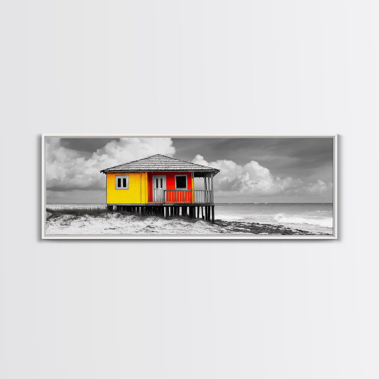 Yellow Cabin, Seaside Shack, Color Pop, Coastal Vibes, Framed Canvas Print, Beach House Wall Art, Bold Nautical Decoretic