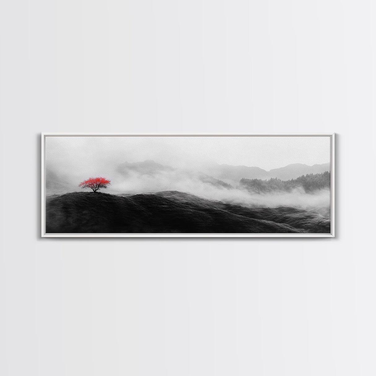 Lone Red Tree, Misty Hills, Minimalist Landscape, Framed Canvas Print, serene bedroom wall art, abstract black and white decor