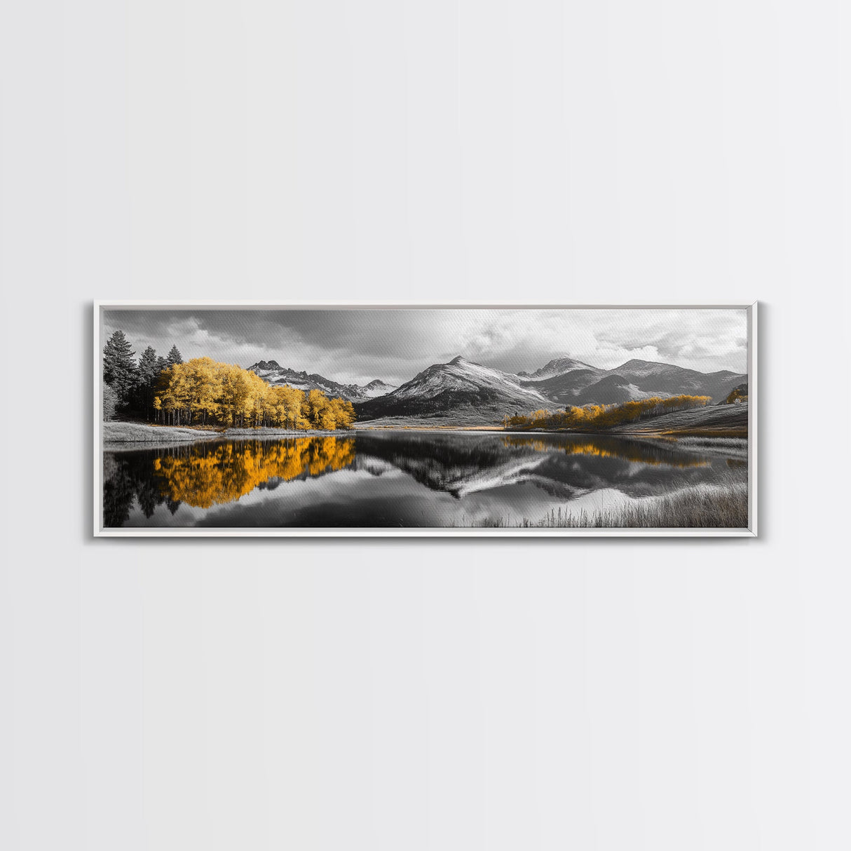 Yellow Autumn Forest, Lake Reflection, Black White Mountains, Canvas Print, Rustic Wall Art, Living Room Nature Scene
