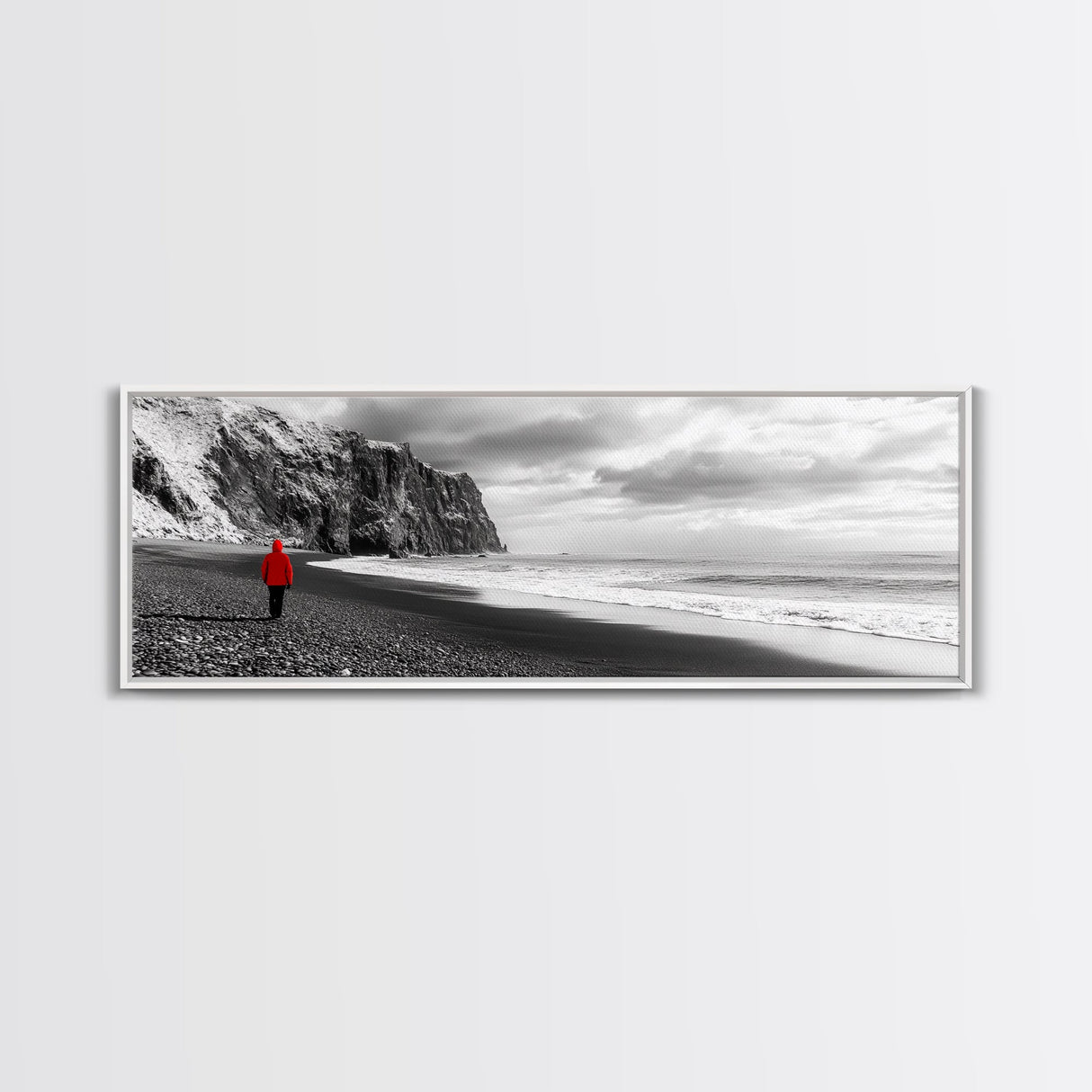 Red Jacket Wanderer, Moody Coastal Cliff Scene, Monochrome Photography, Framed Canvas Print, Modern Minimalist Office Wall Art