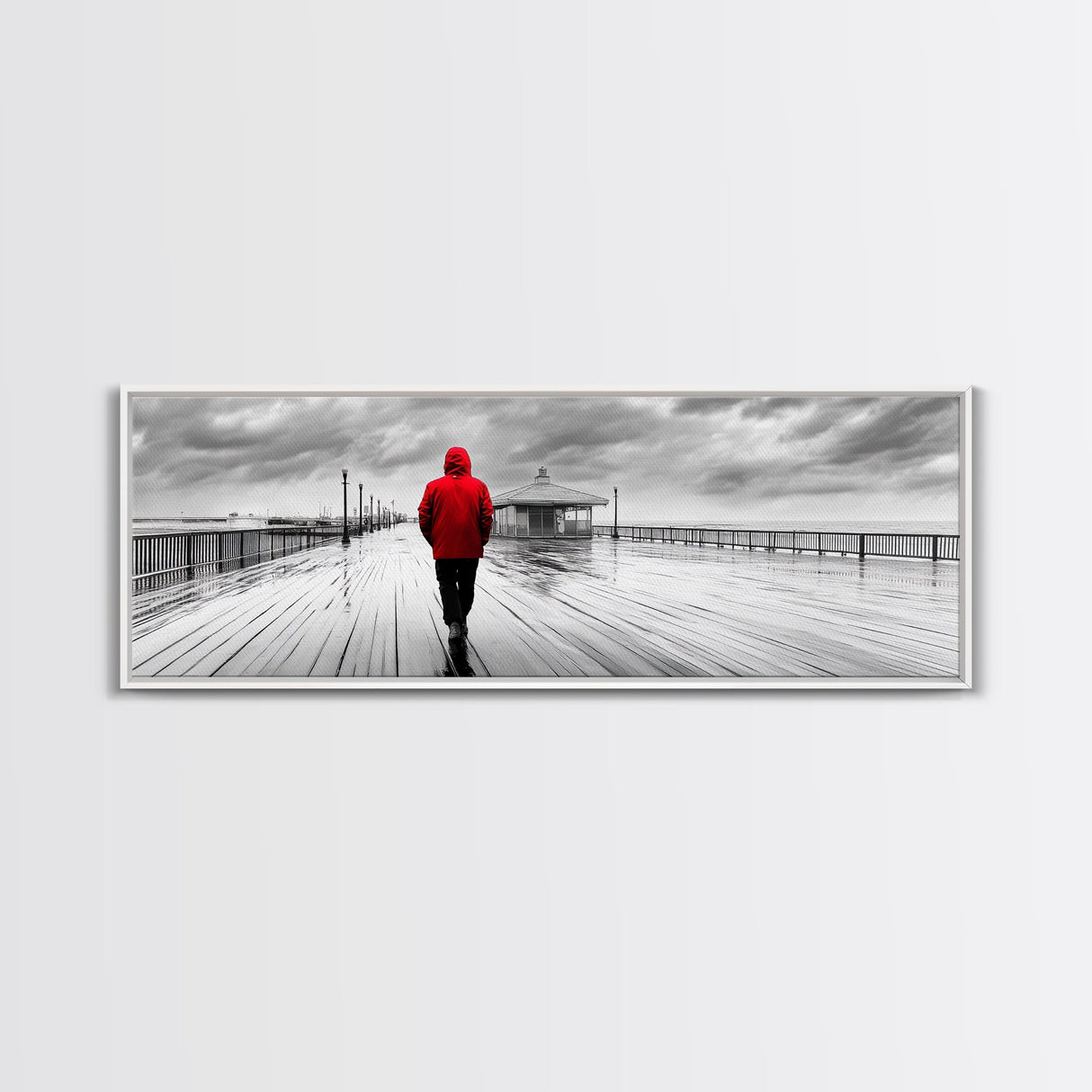 Red Jacket Walk, Rainy Boardwalk Scene, Urban Solitude, Moody Landscape Photography, Canvas Print, Entryway Wall Art, Minimalist Decor