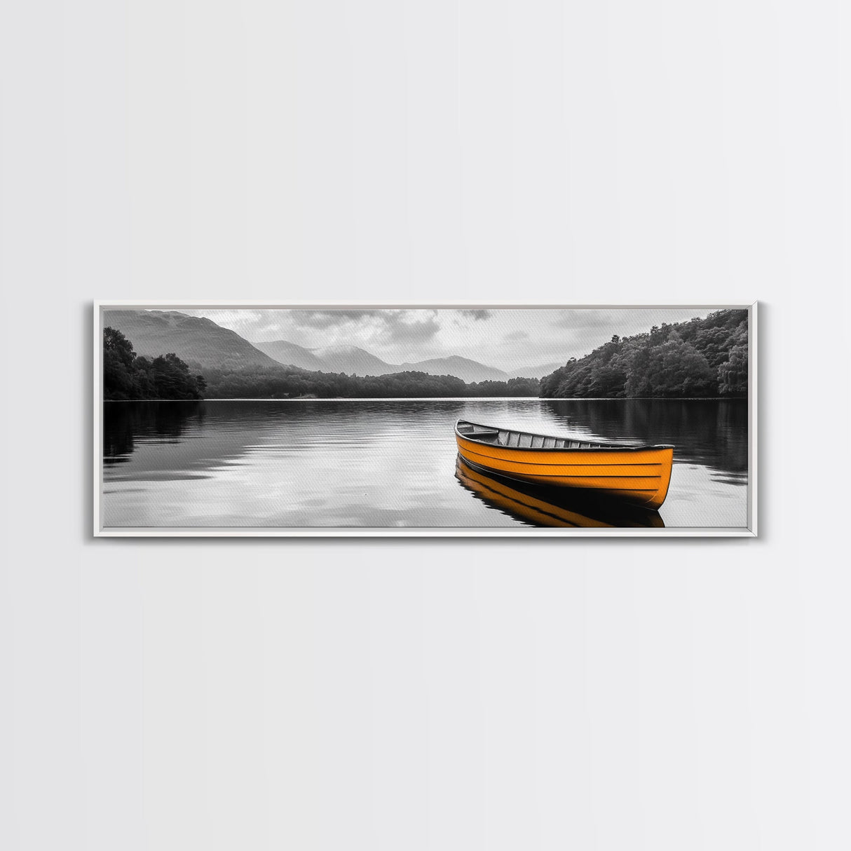 Golden Canoe, Lake Reflection, Tranquil Water, Adventure Scene, Canvas Print, Minimalist Wall Art, Bedroom Landscape, Cabin Decor