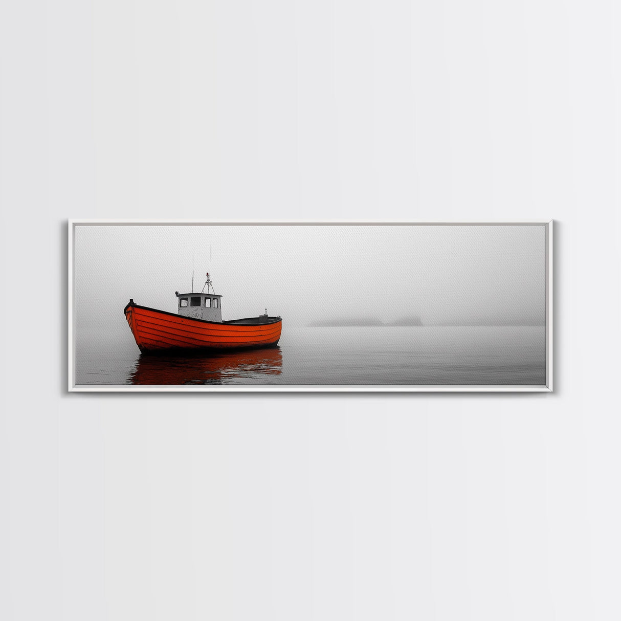 Orange Boat, Ocean Mist, Foggy Seascape, Calm Waters, Framed Canvas Print, Minimalist Nautical Art, Peaceful Wall Decor for Bedroom
