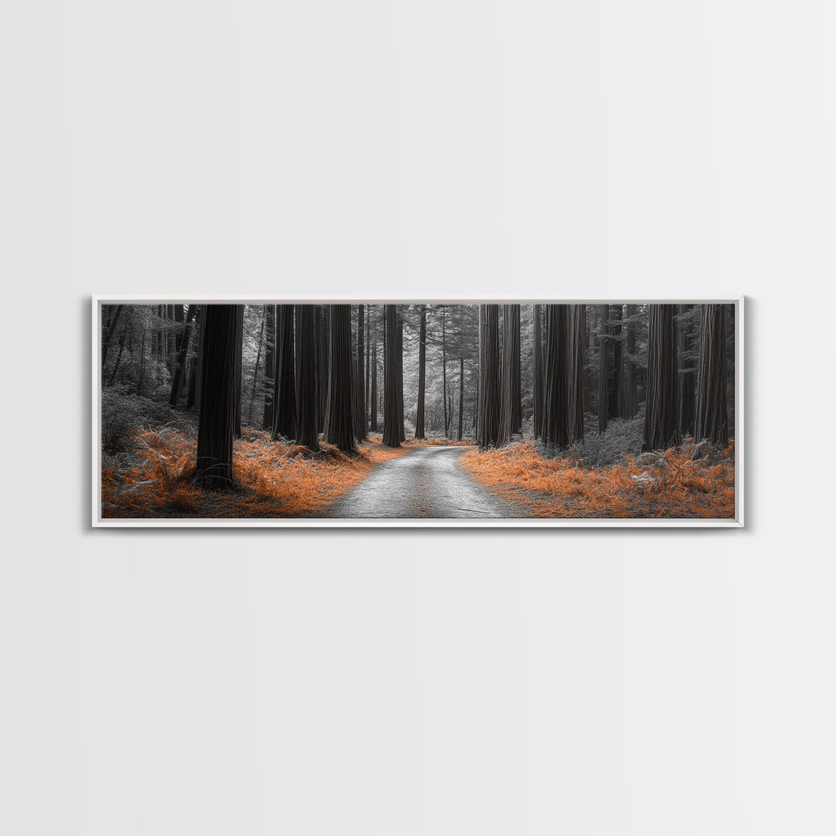 Redwood Forest Path, Serene Nature Trail, Autumn Ground Cover, Framed Canvas Print, Fall Wall Art, Rustic Home Decor, Woodland Scene