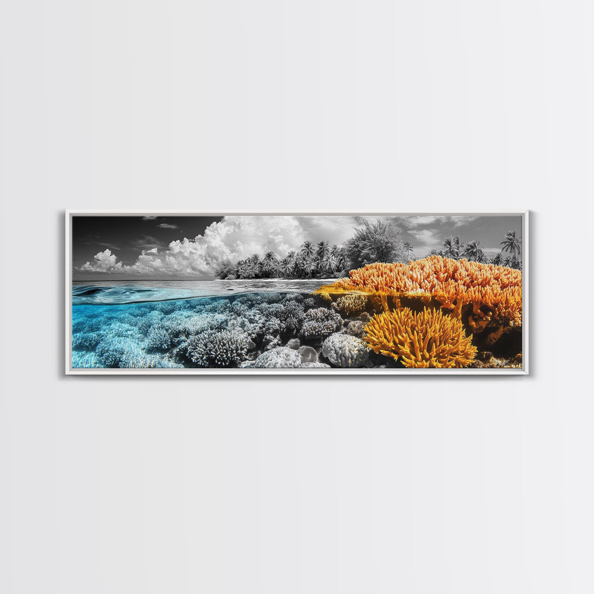 Island Coral Split, Tropical Ocean Scene, Half Above Below Water, Framed Canvas Print, Living Room Wall Art, Beach Boho Decor