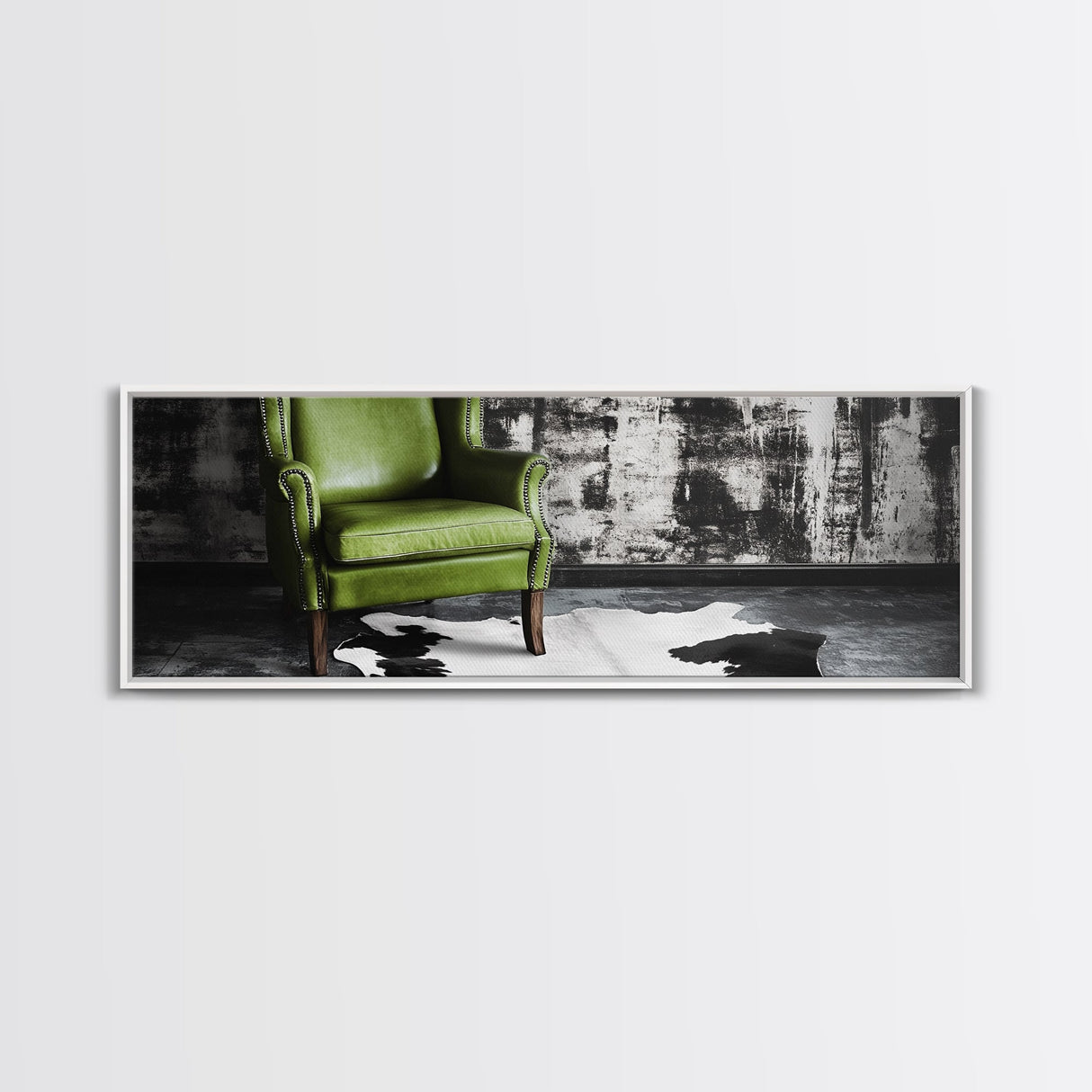Green Leather Chair, Industrial Urban Scene, Chic Lounge Interior, Framed Canvas Print, Modern Wall Art, Man Cave Office Decor