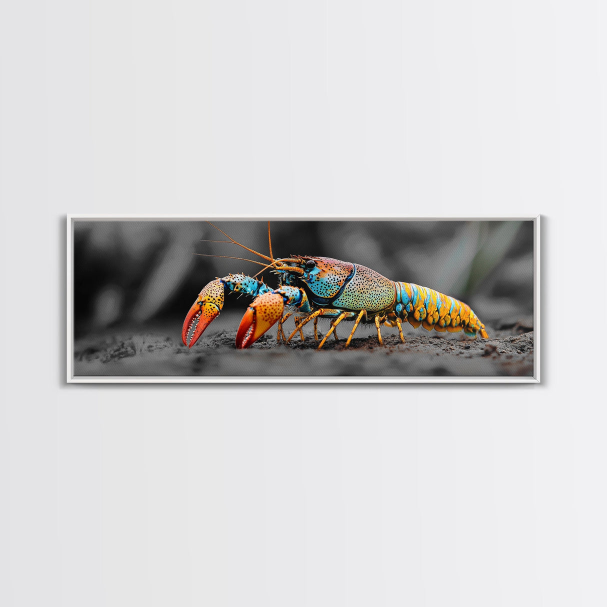Rainbow Lobster Macro, Exotic Crustacean Art, Vivid Ocean Creature, Framed Canvas Print, Kitchen Wall Art, Coastal Nature Decor