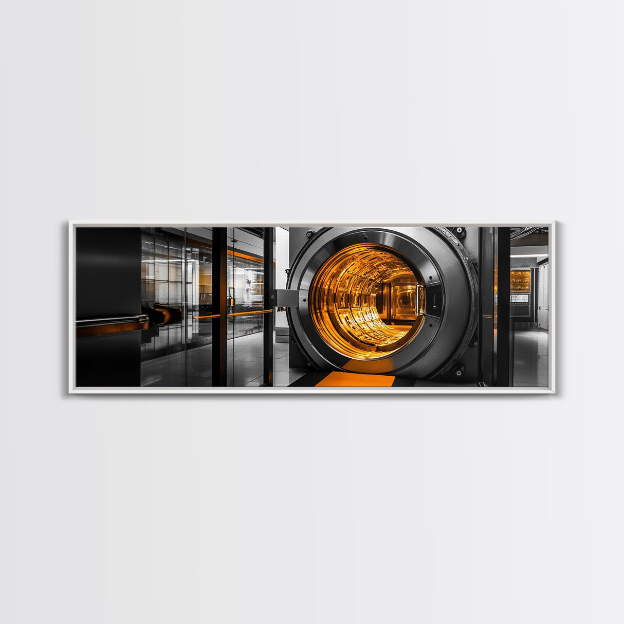 Bank Vault, Futuristic Glow, Industrial Design, Gold Tones, Framed Canvas Print, Office Wall Art, Cyberpunk Decor, Grunge Decor