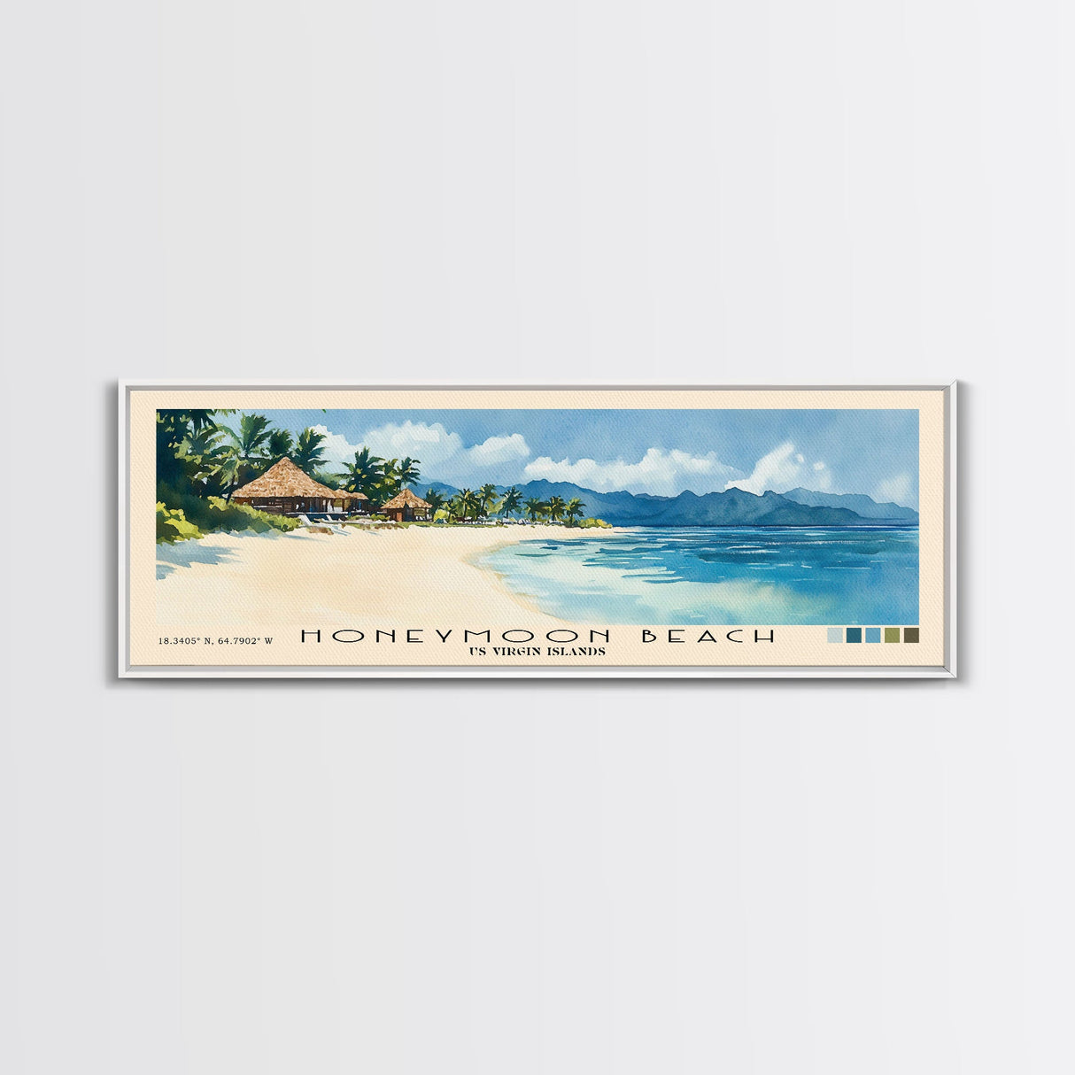 Honeymoon Beach, Fiji Watercolor Print, Vacation Gift, Fiji Wall Art, Beach Painting, Beach Decor, Large Wall Art, Wood Frame Art