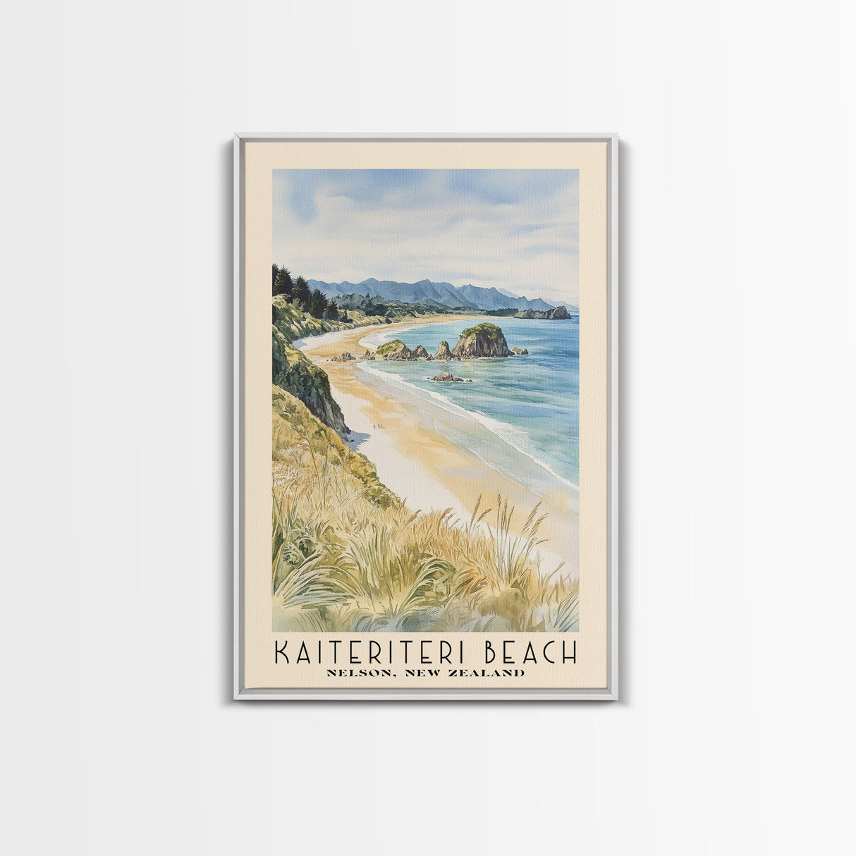 Kaiteriteri Beach, Nelson, New Zealand Watercolor Print, Vacation Gift, Nelson, New Zealand Wall Art, Beach Painting, Beach Decor, Large Wall Art, Wood Frame Art