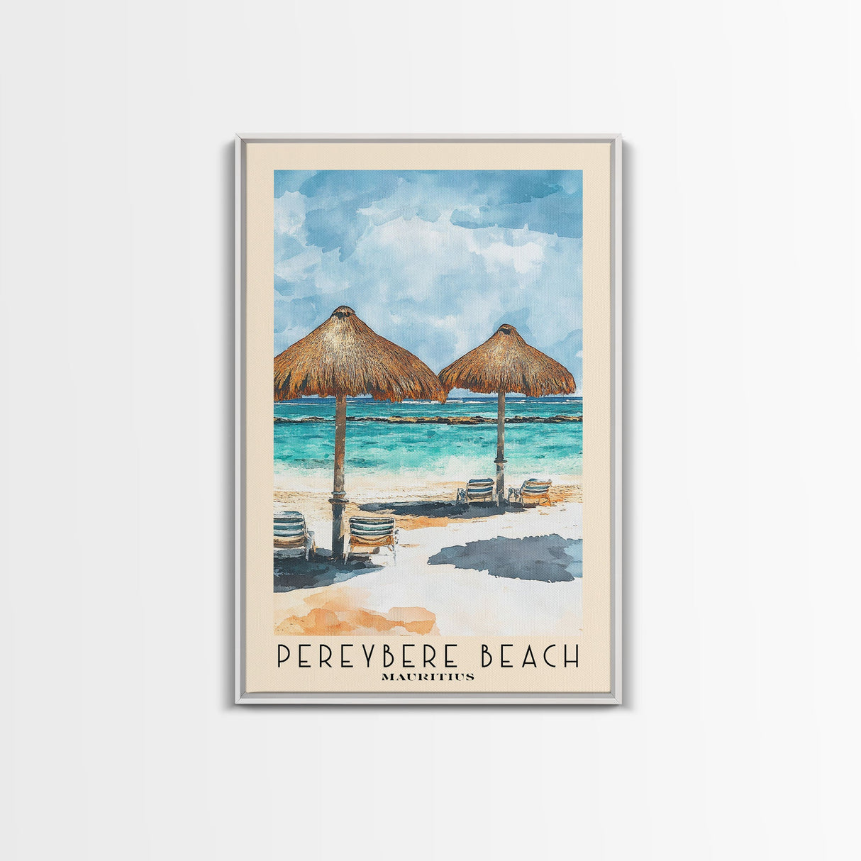 Pereybere Beach, Mauritius Watercolor Beach Print, Vacation Gift, Mauritius Wall Art, Framed Canvas Print, Framed Beach Painting