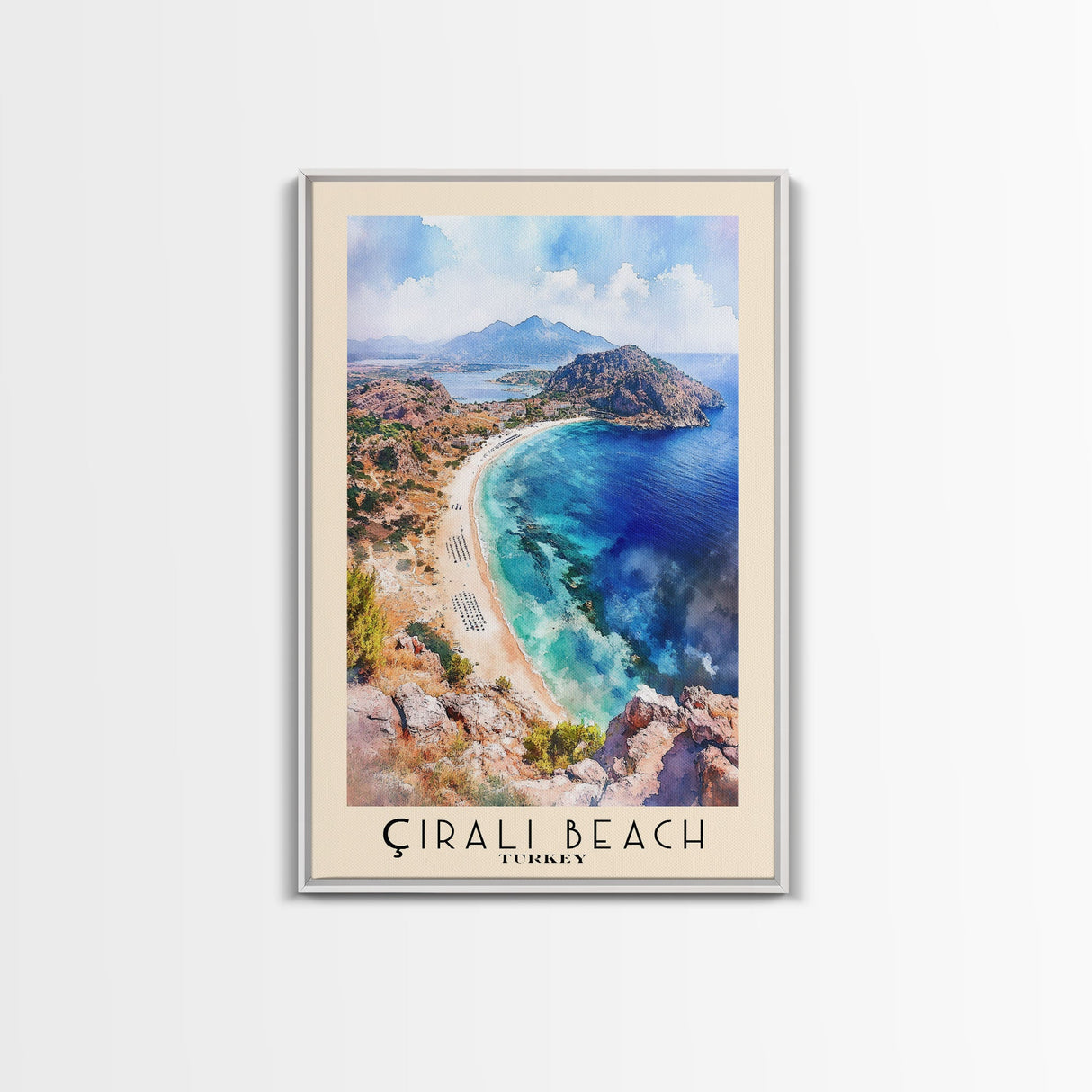 Çıralı Beach, Turkey Watercolor Print, Vacation Gift, Turkey Wall Art, Beach Painting, Beach Decor, Large Wall Art, Wood Frame Art